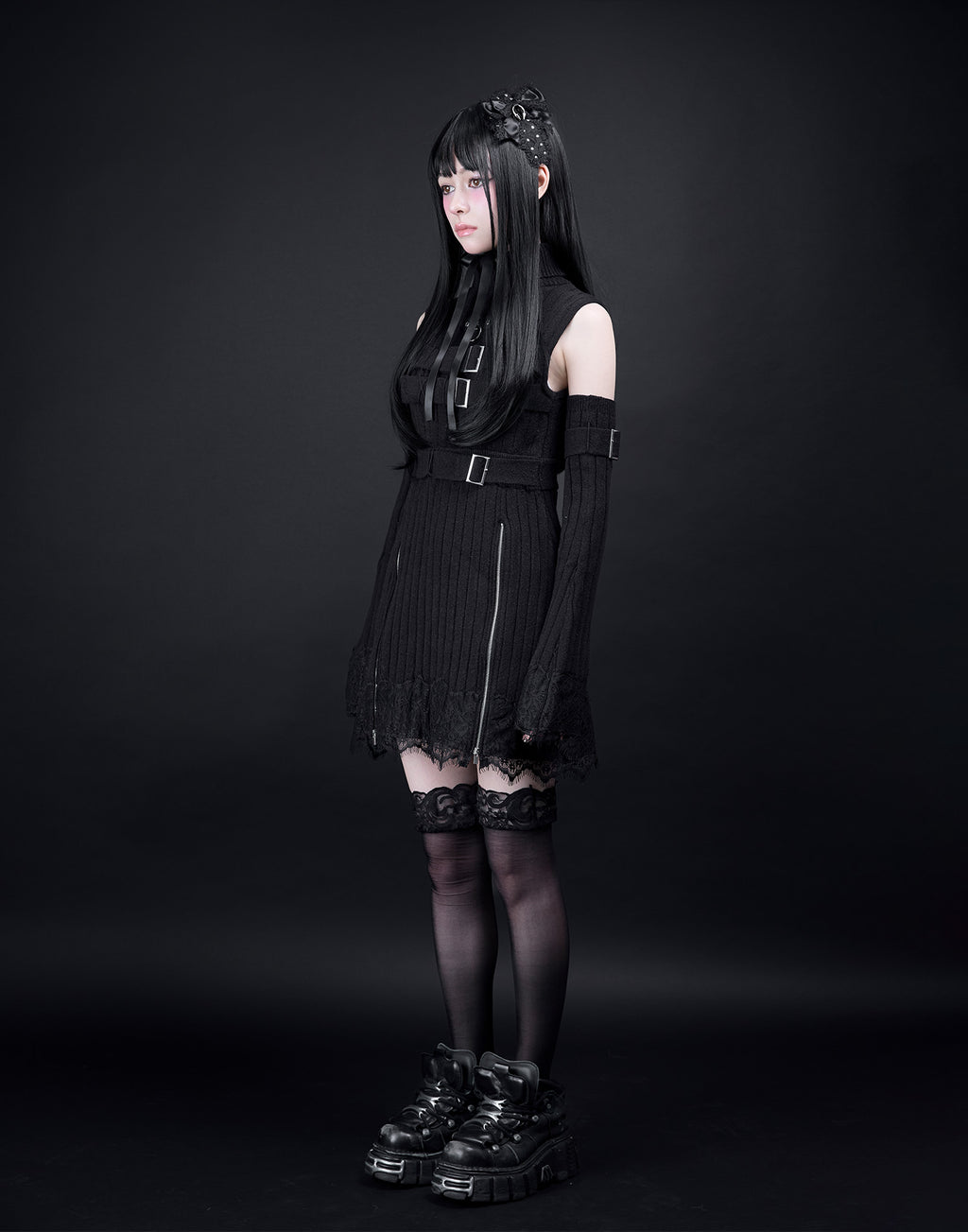 AVENCHUMU Belt & zip arm warmers knit one-piece