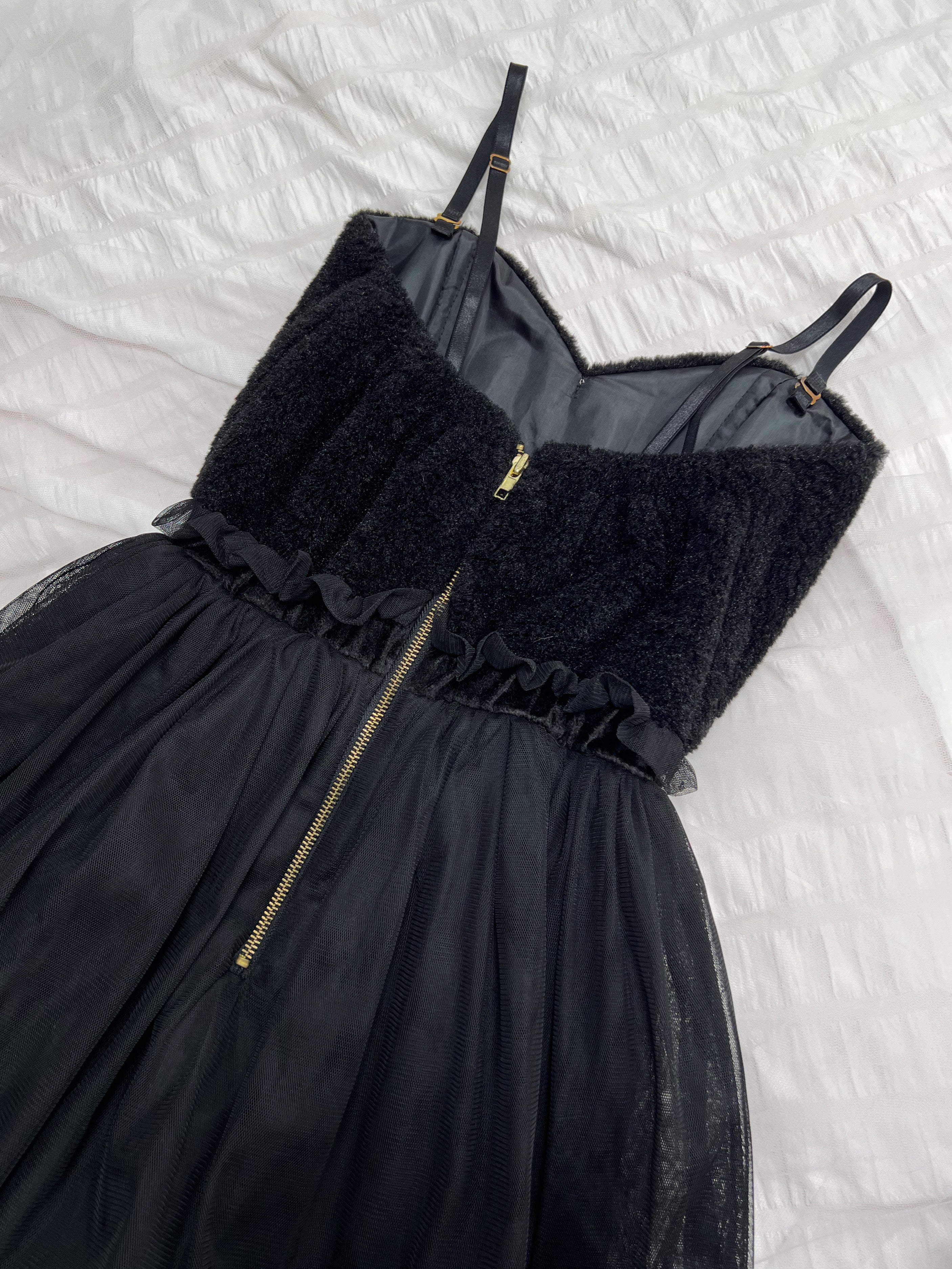 one spo Eco Fur Tulle Mini Dress (Black)