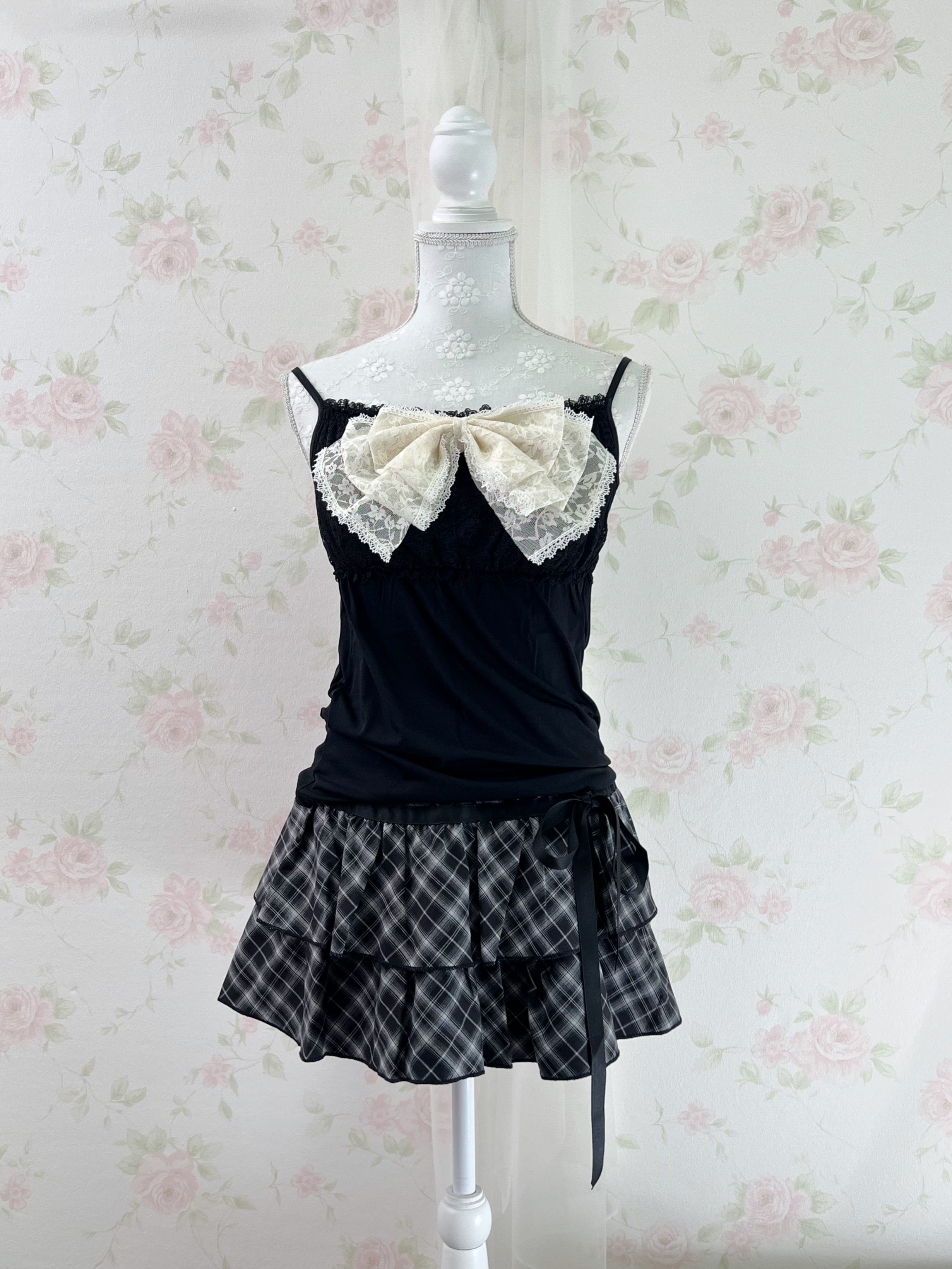 Side Bow Checked Shoujo Mini Skirt (Black) S,M,L