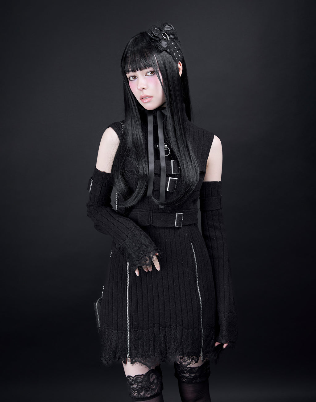 AVENCHUMU Belt & zip arm warmers knit one-piece