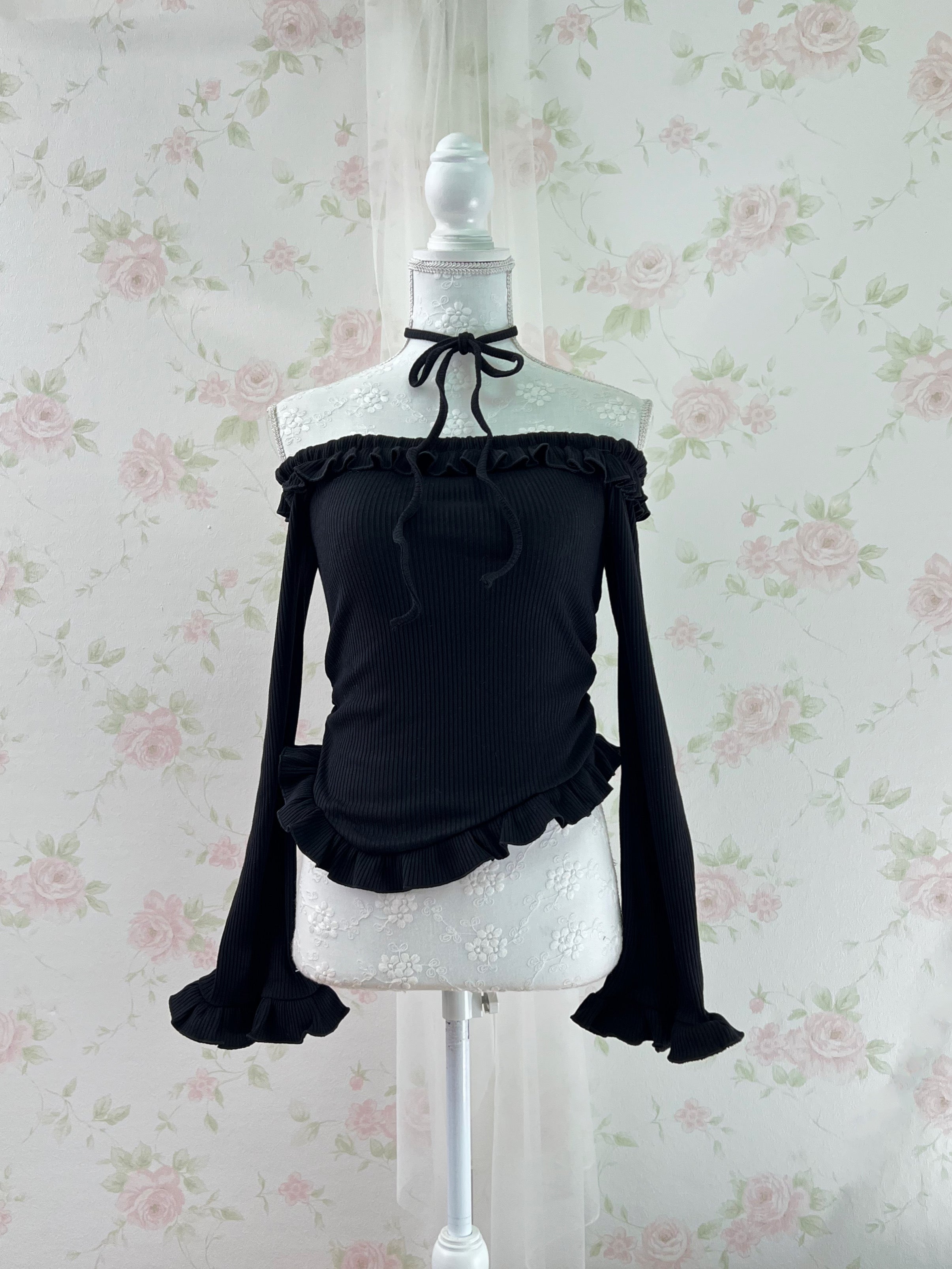 Chocker Asymmetry Ruffled Hem Top (Black)