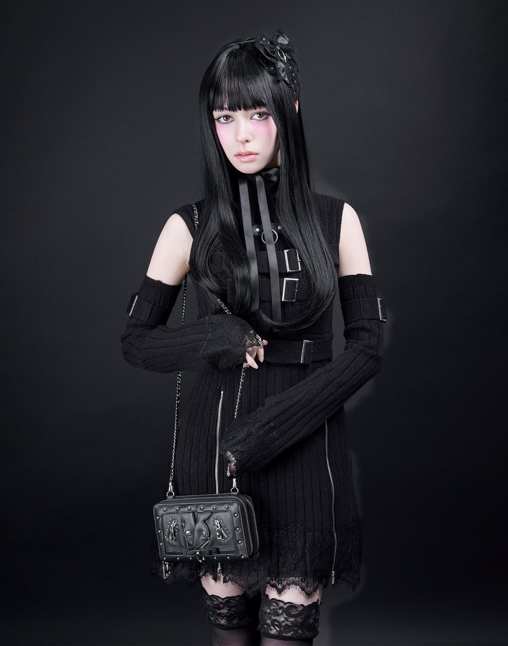 AVENCHUMU Belt & zip arm warmers knit one-piece