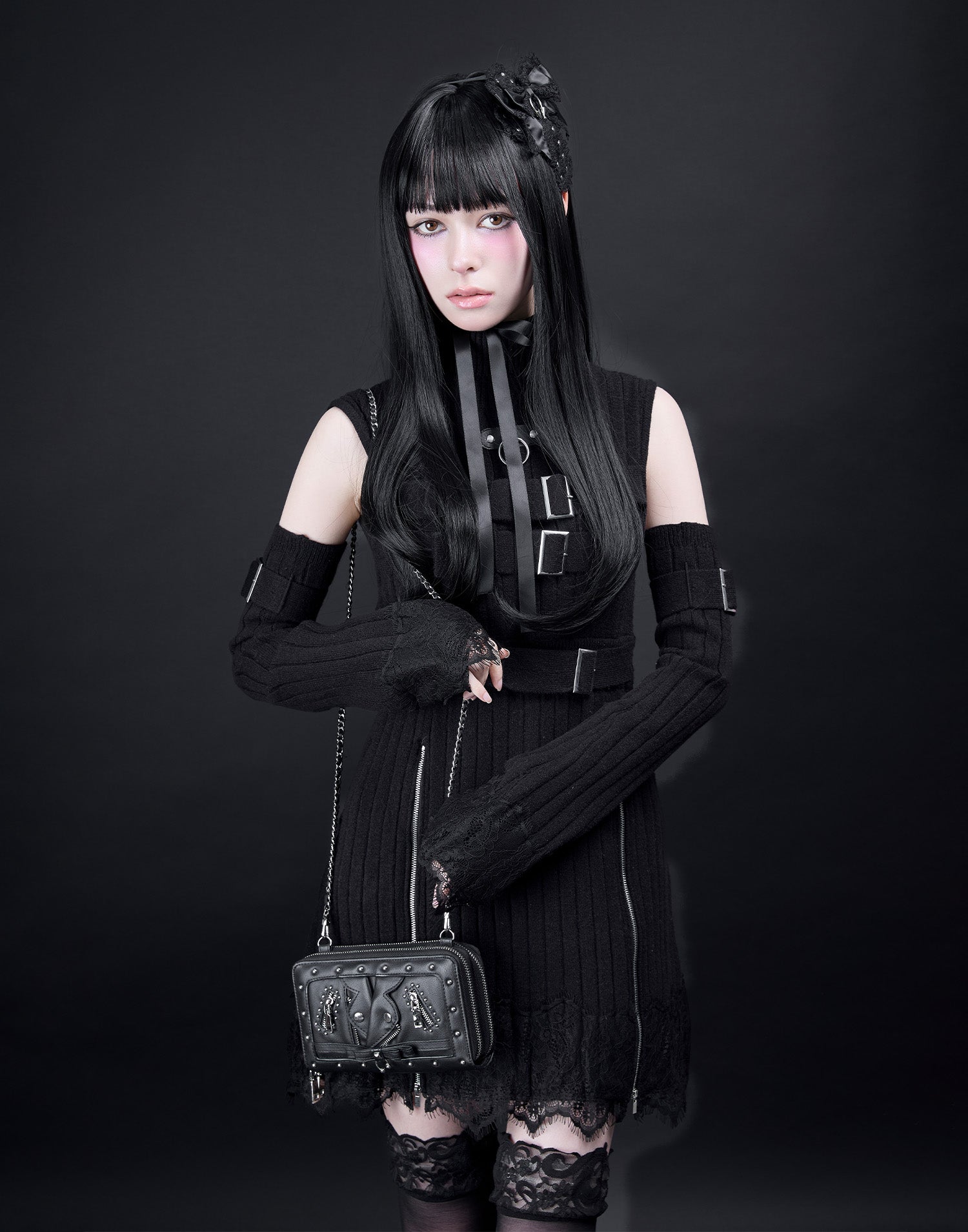 AVENCHUMU Belt & zip arm warmers knit one-piece
