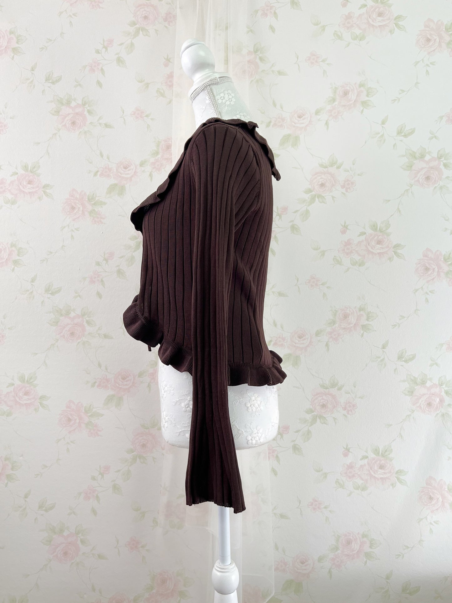 Clear Wide Sleeved Ruffled Cardigan (Chocolate)