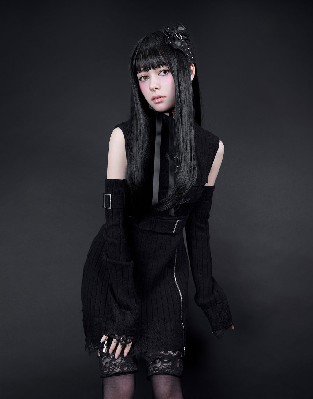 AVENCHUMU Belt & zip arm warmers knit one-piece