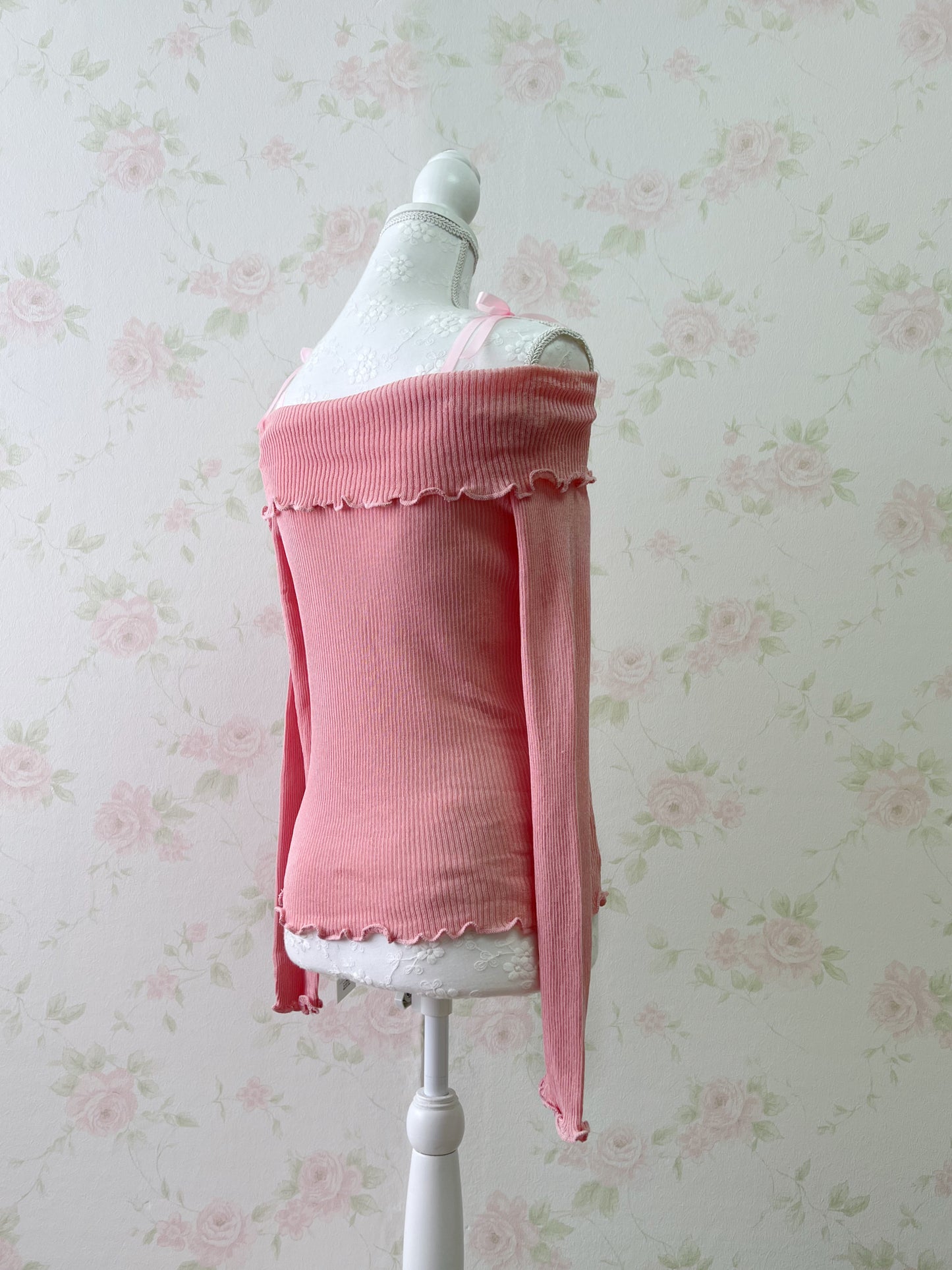 GRL Off Shoulder String Knit Top (Juicy Peach Pink)
