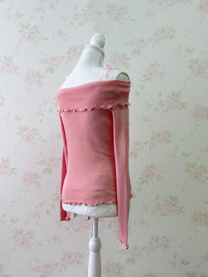 GRL Off Shoulder String Knit Top (Juicy Peach Pink)