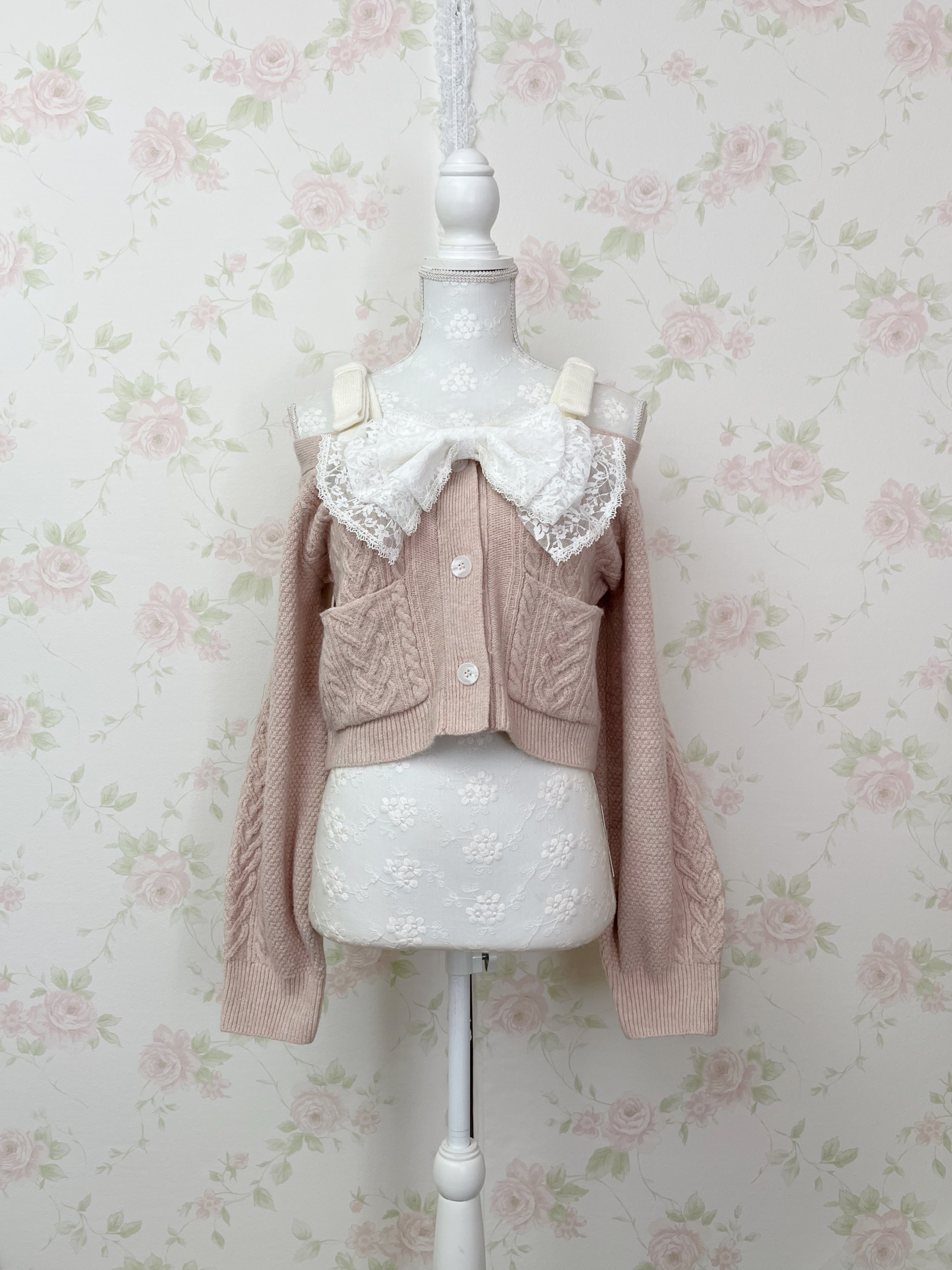 Ribbon 2 Way Shoulder Cardigan (Pink)