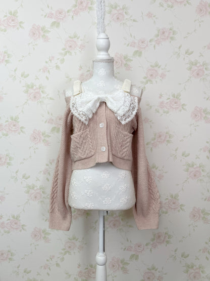 Ribbon 2 Way Shoulder Cardigan (Pink)