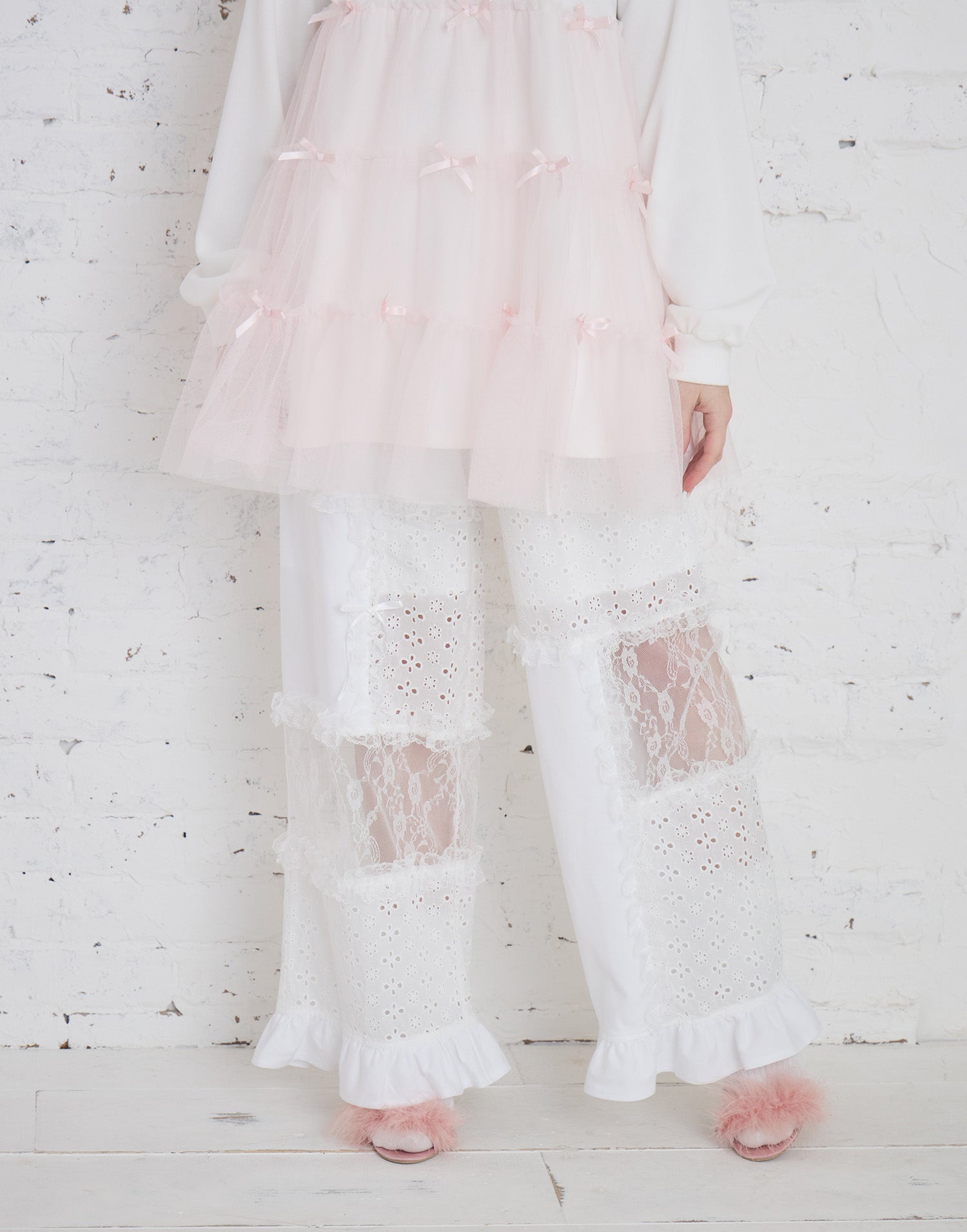 Lolime patchwork lace frill pants