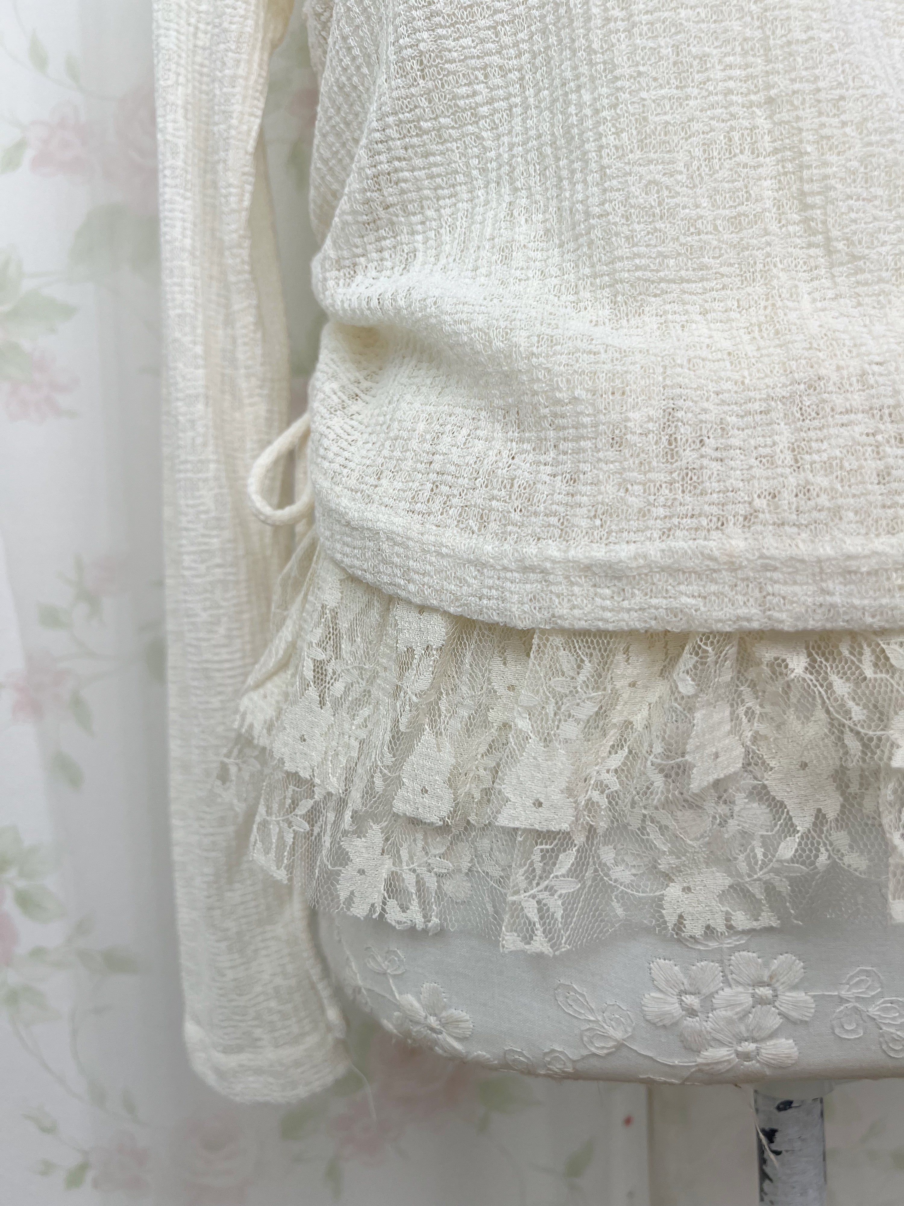 One Shoulder Knit Lace Camisole Set (Ivory)