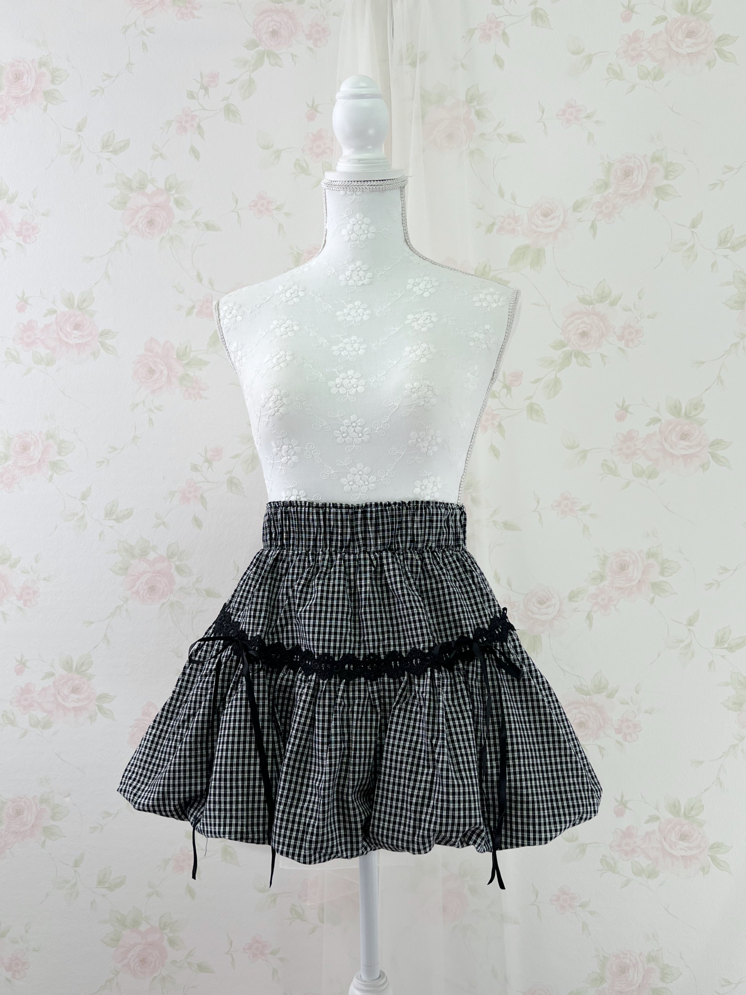 Clear Gingham Checked Cotton Balloon Skirt