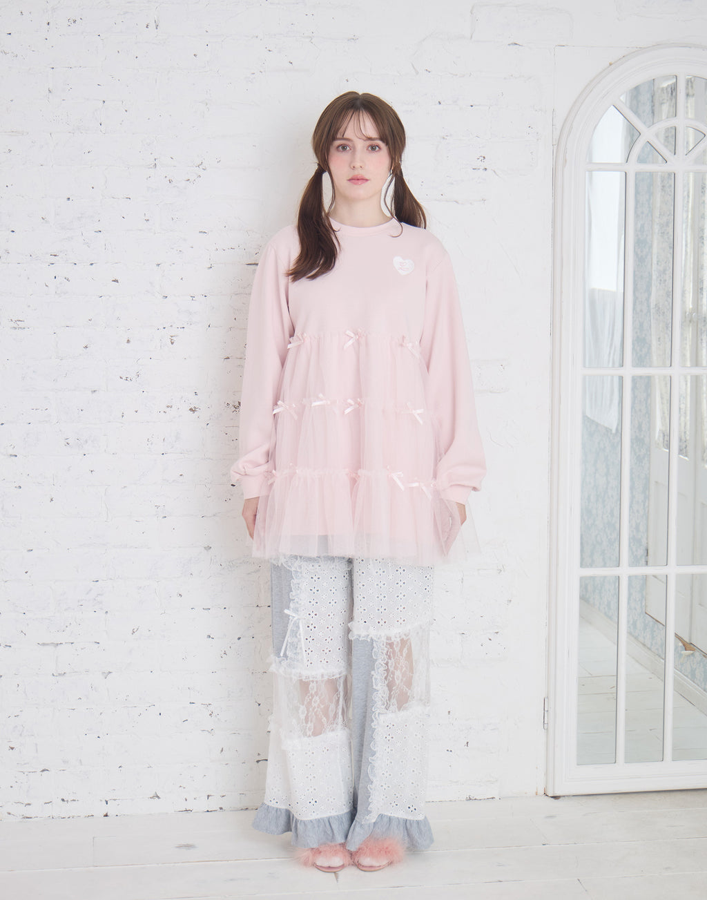 Lolime patchwork lace frill pants