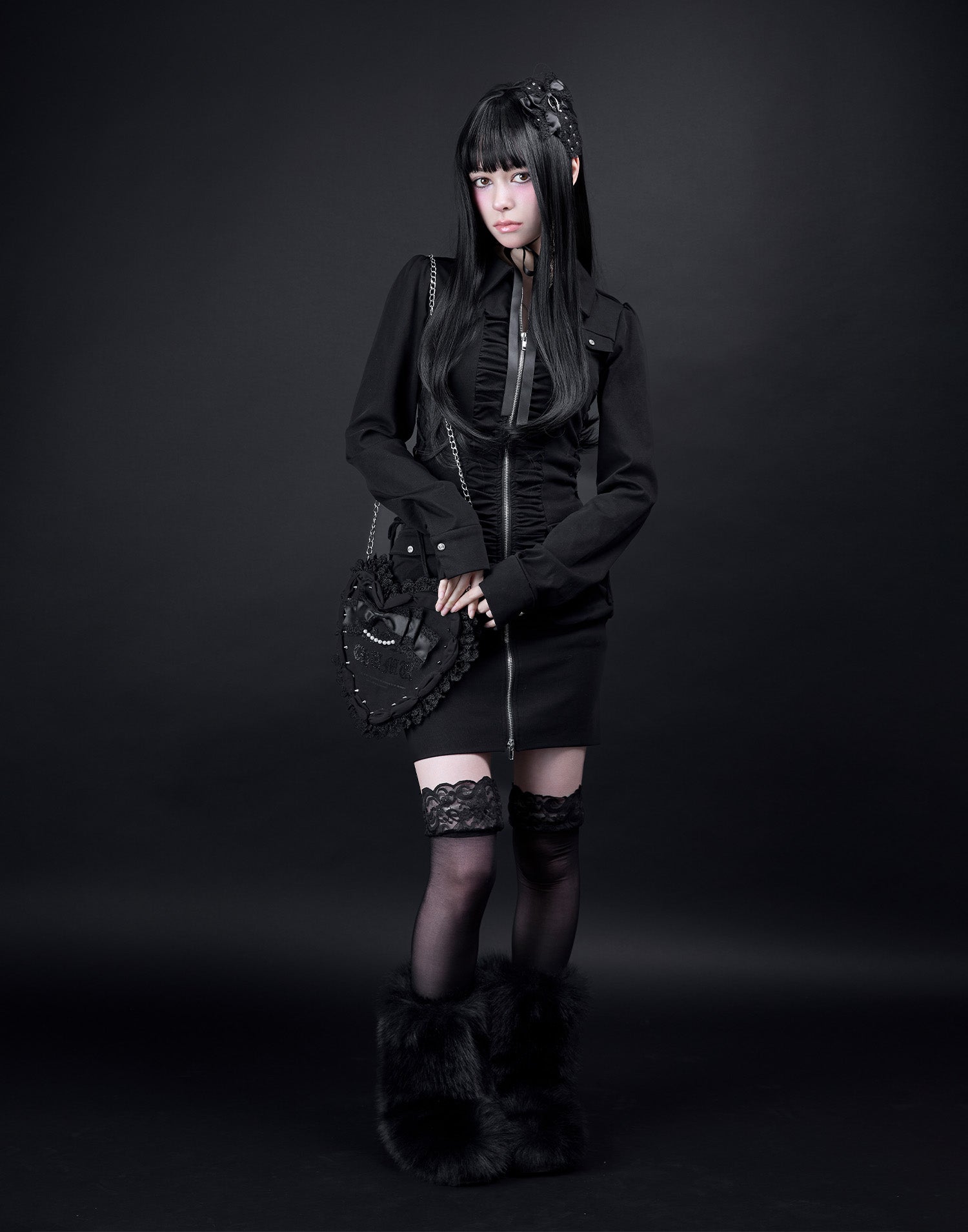 AVENCHUMU Zip-up shirt collar shirring one-piece