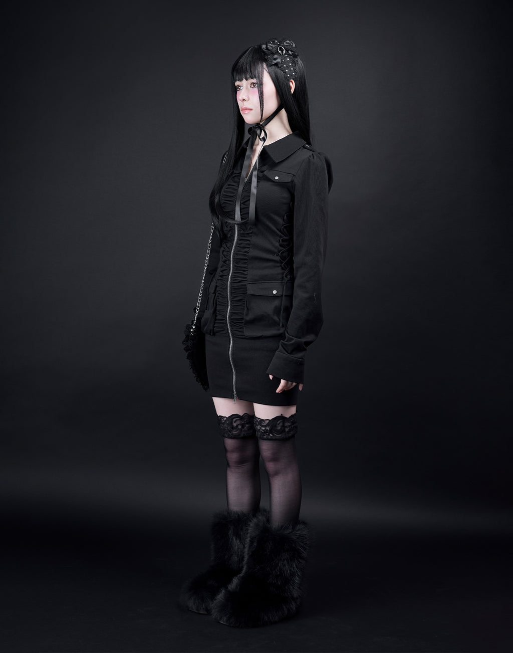 AVENCHUMU Zip-up shirt collar shirring one-piece