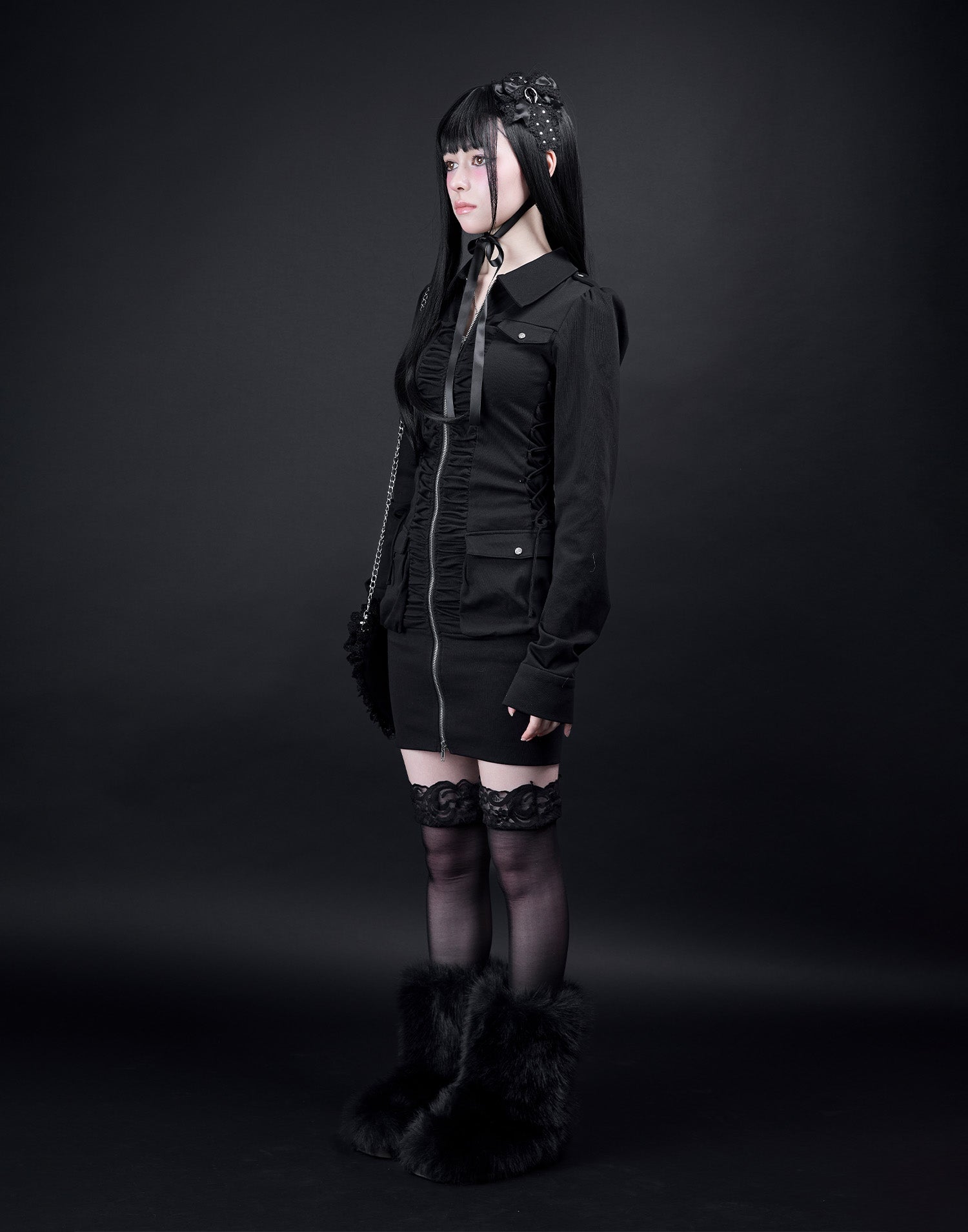 AVENCHUMU Zip-up shirt collar shirring one-piece