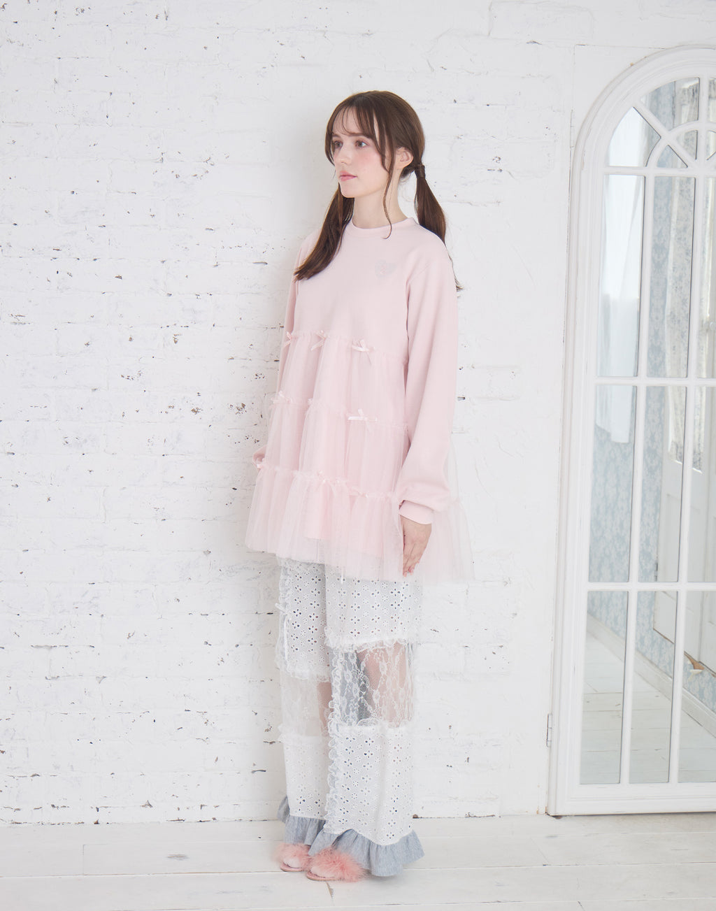 Lolime patchwork lace frill pants