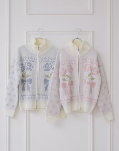 Lolime ribbon & floral cowichan knit zip up