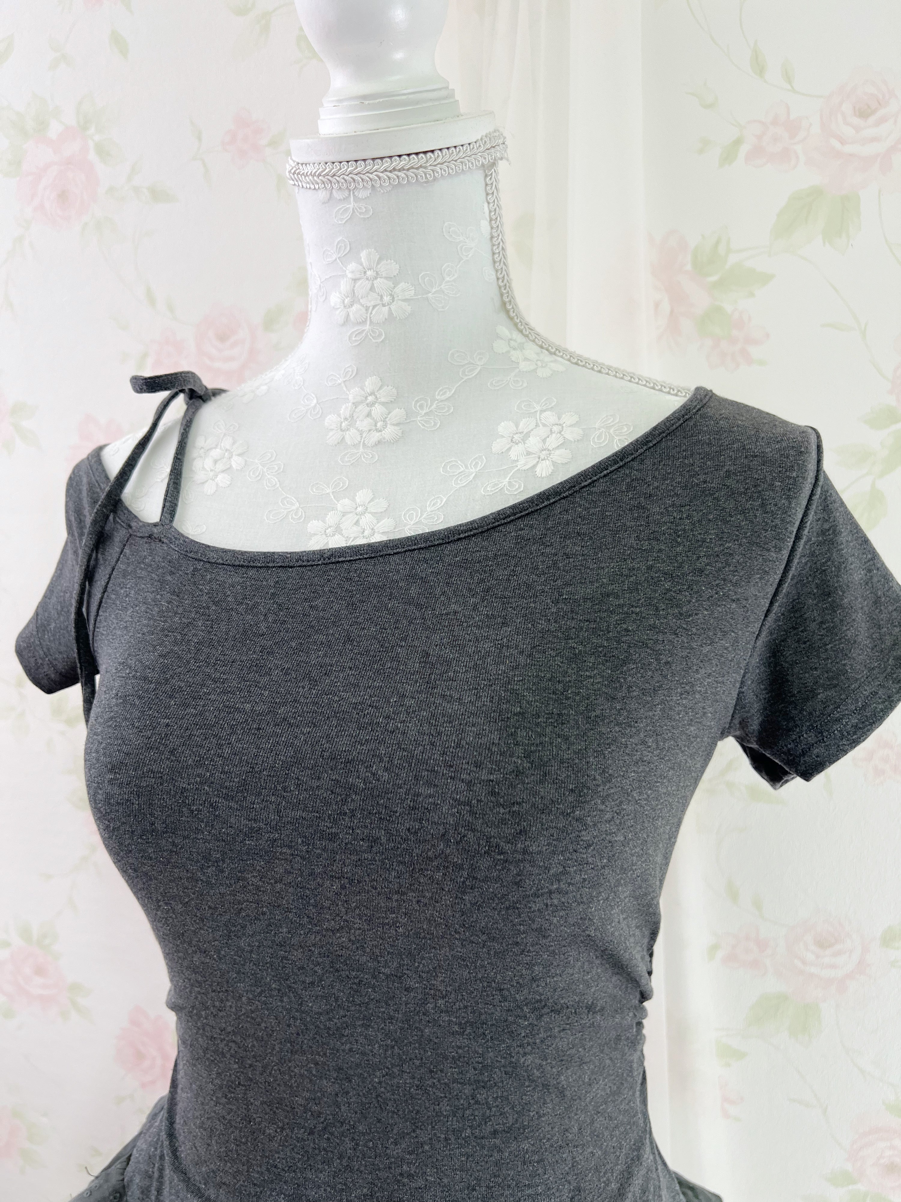 Checked Ruffled Hem One Shoulder T-shirt
