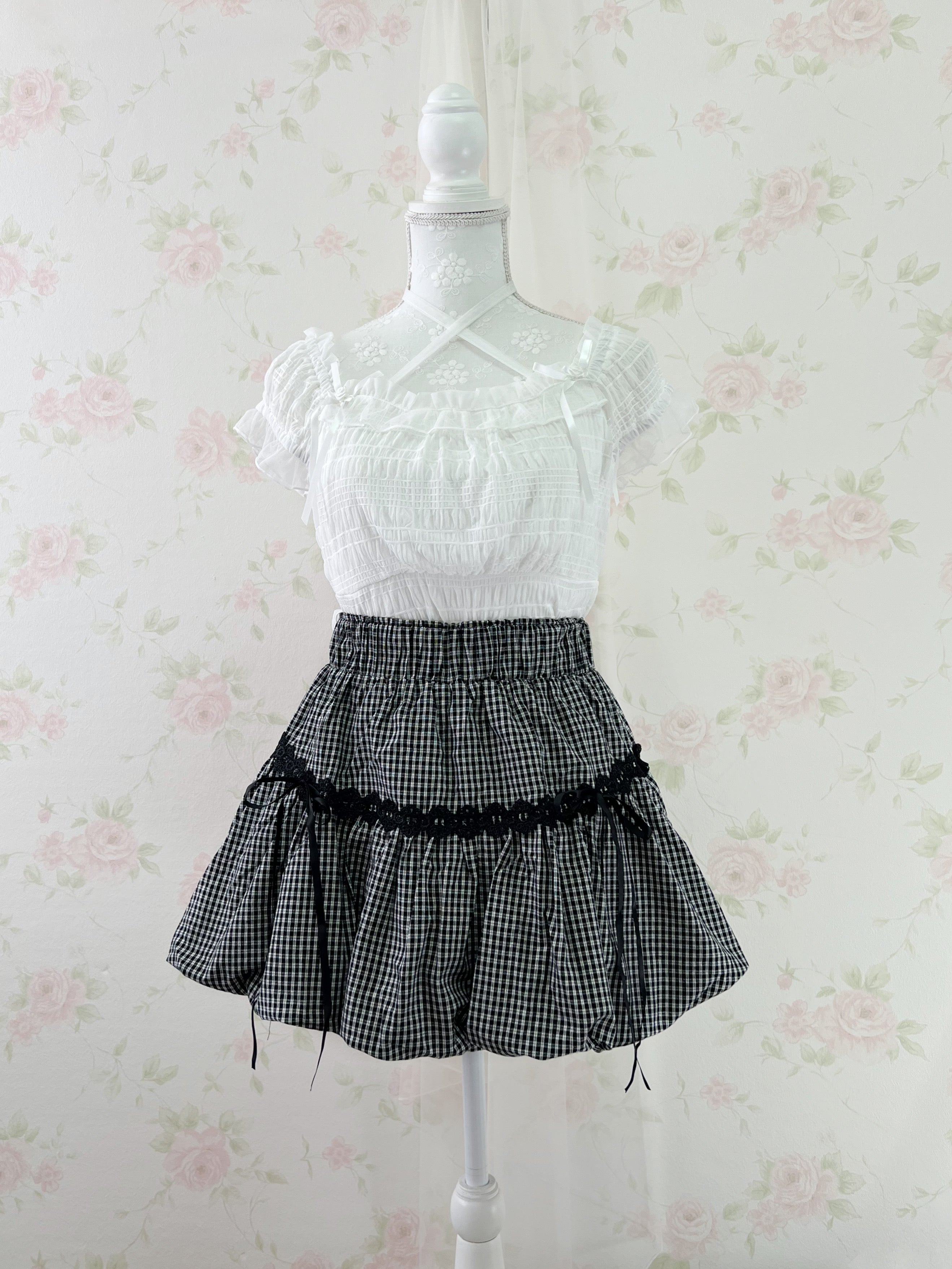 Clear Gingham Checked Cotton Balloon Skirt