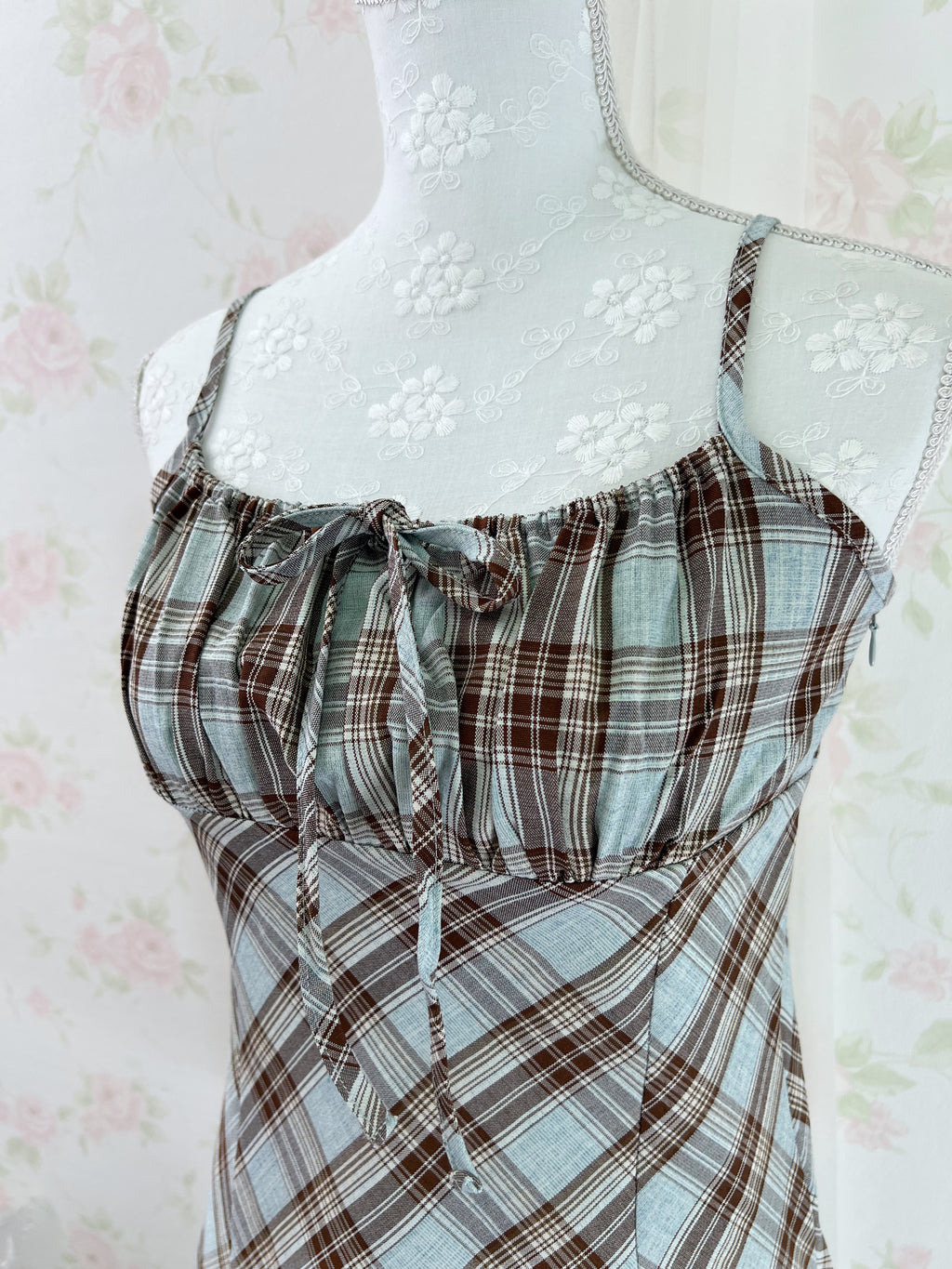 Camisole Gathering Checked Dress (Mint Green)