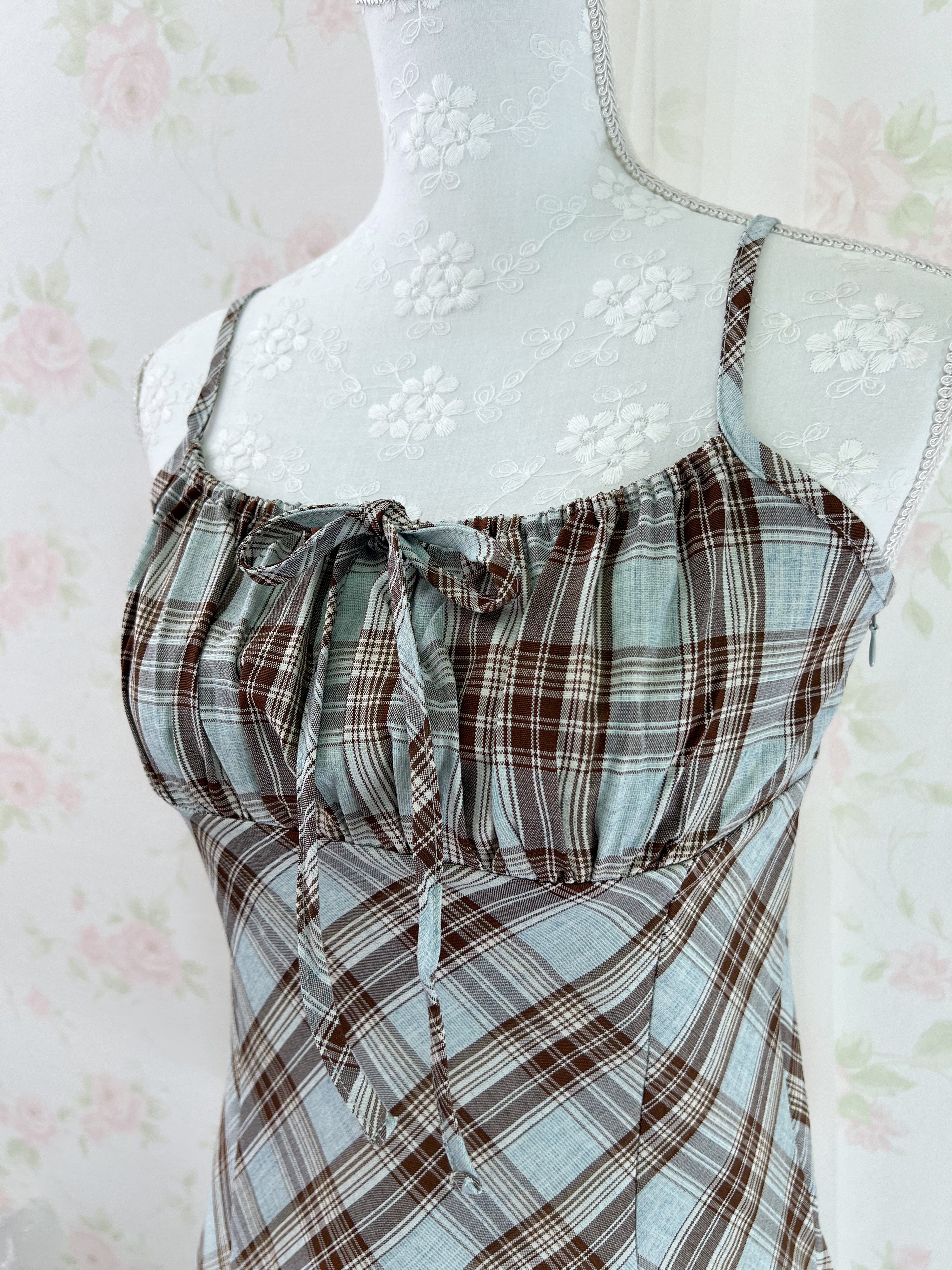 Camisole Gathering Checked Dress (Mint Green)