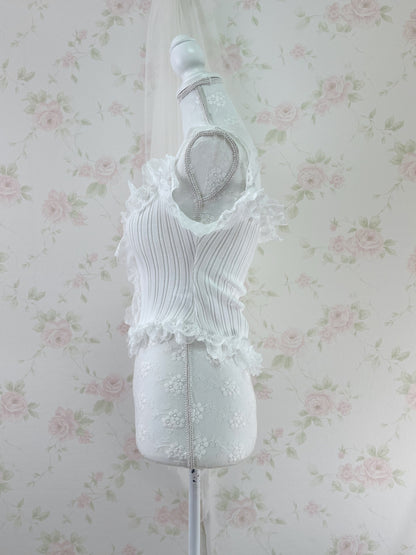 Lacy Ribbed Button Up Tank Top(white)