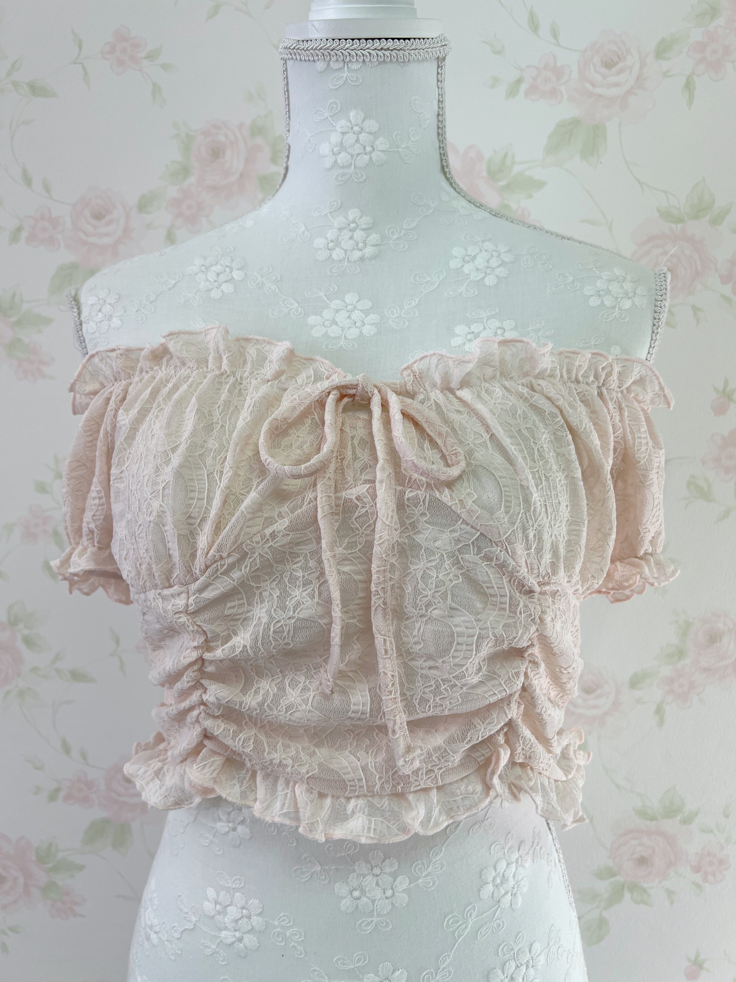 2 Way Shoulder Lacy Top (Peach Pink)
