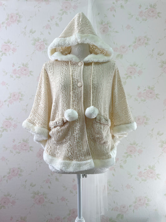 Ribbon Pocket Pom Pom Poncho (Beige)