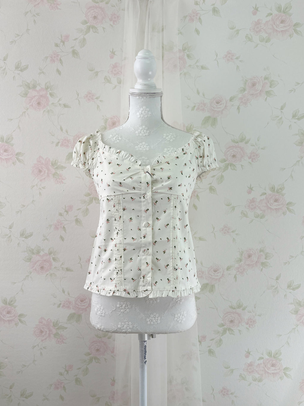Petite Floral Puff Sleeved Cotton Blouse (Ivory)