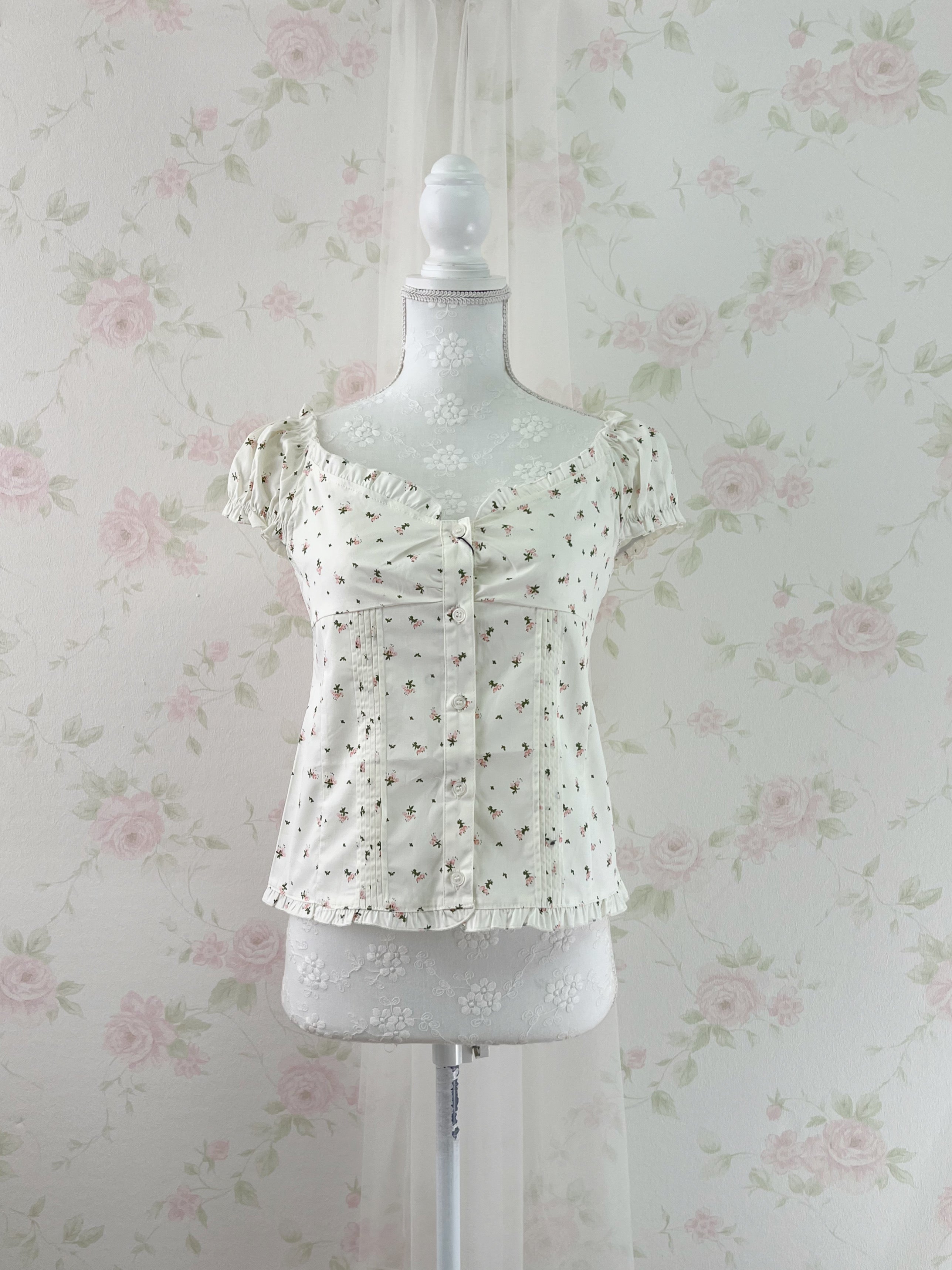 Petite Floral Puff Sleeved Cotton Blouse (Ivory)