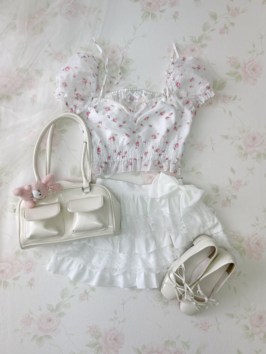 bobon21 Floral Puff Sleeve Short Blouse