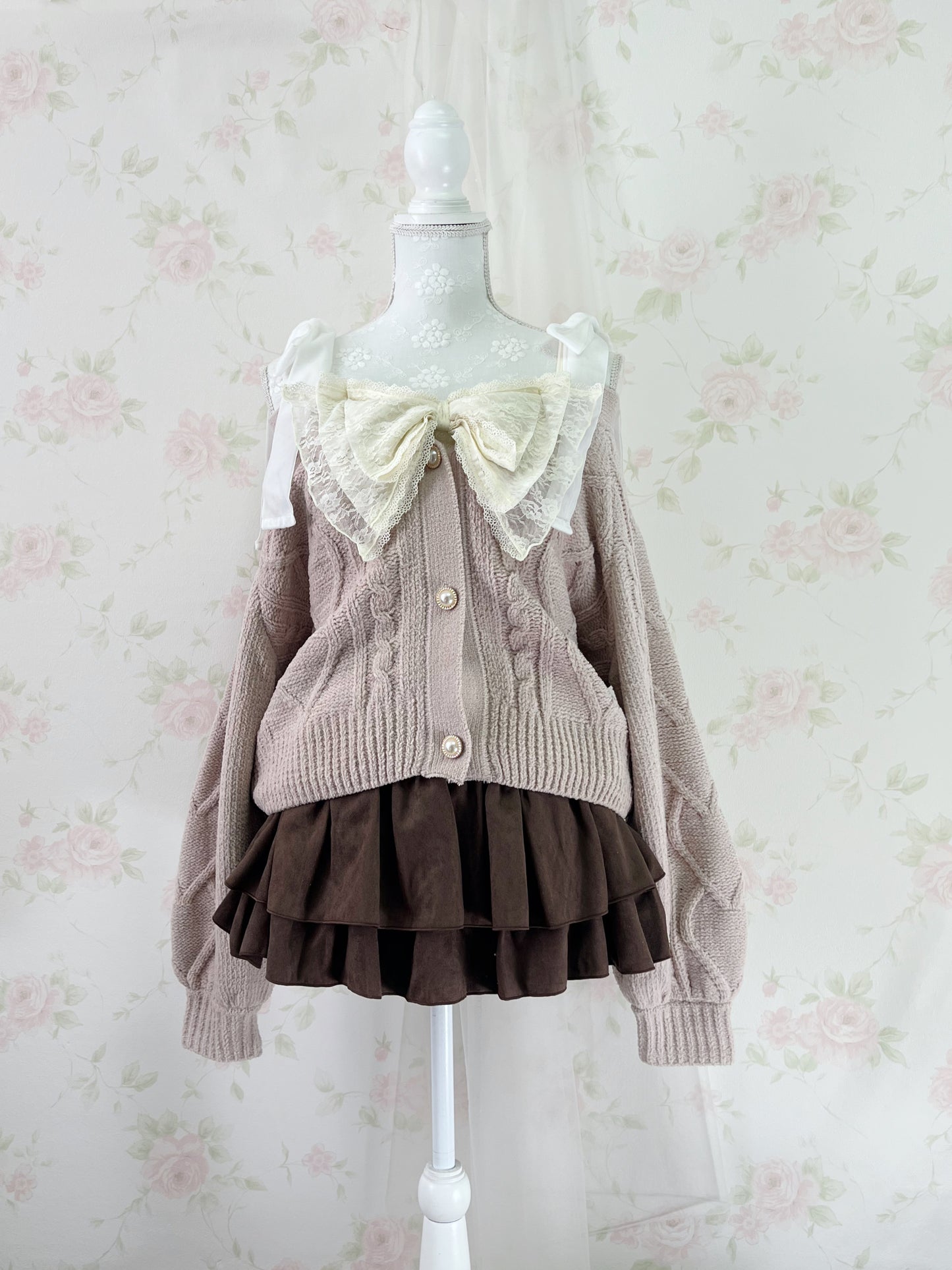 Velvet Shoulder Bow Sweater (Strawberry Milk Tea)