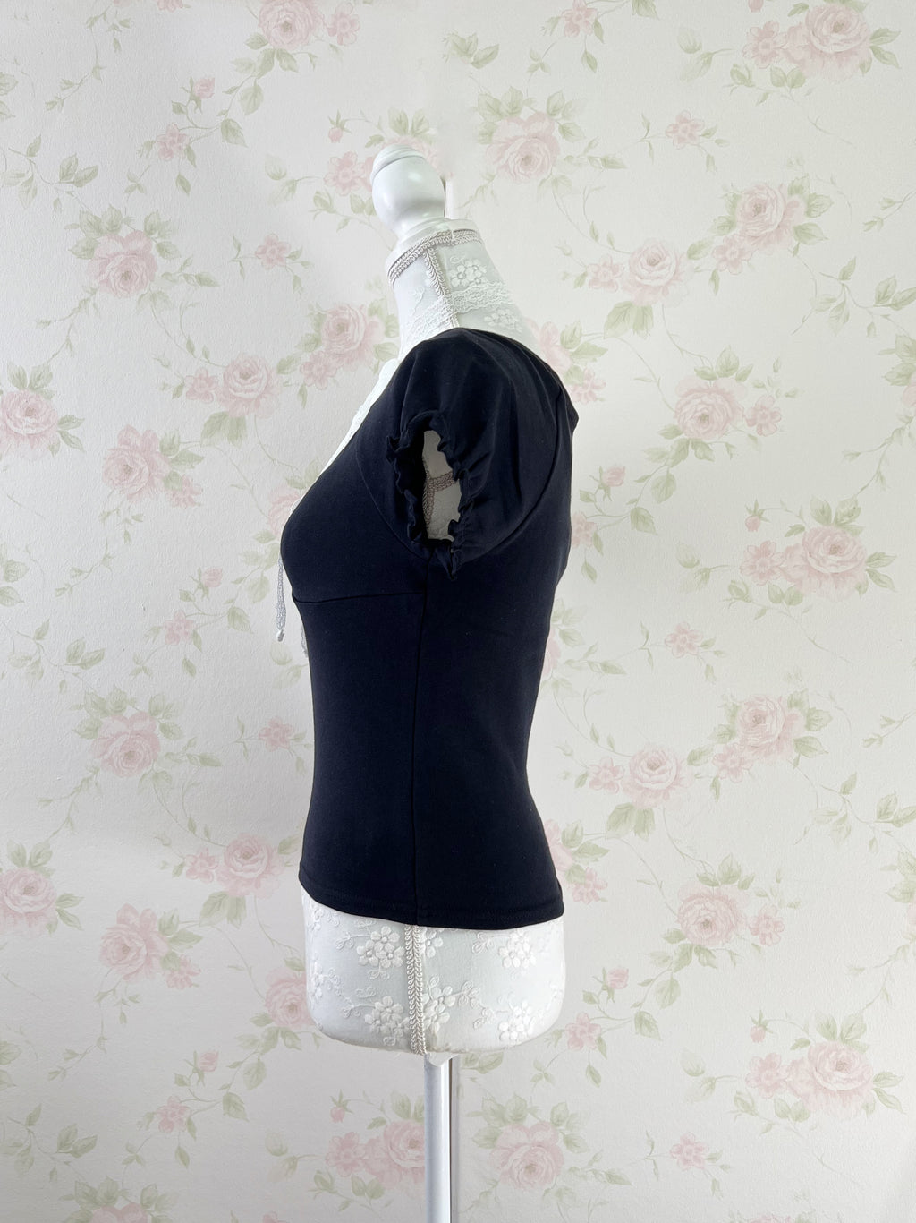 Lace Choker Girly Cotton T-Shirt  (Black)