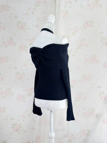 GRL Ribbon Front Halter Neck Knit Top  (Black)