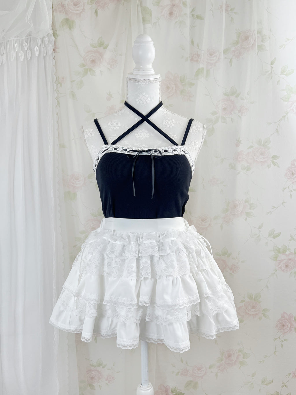 Cotton Lace Cross Neck Camisole (Black)