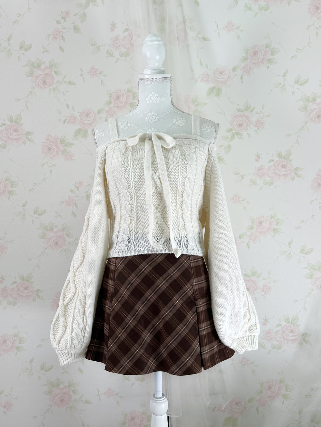 Trapezoid Checked Skirt (Brown)