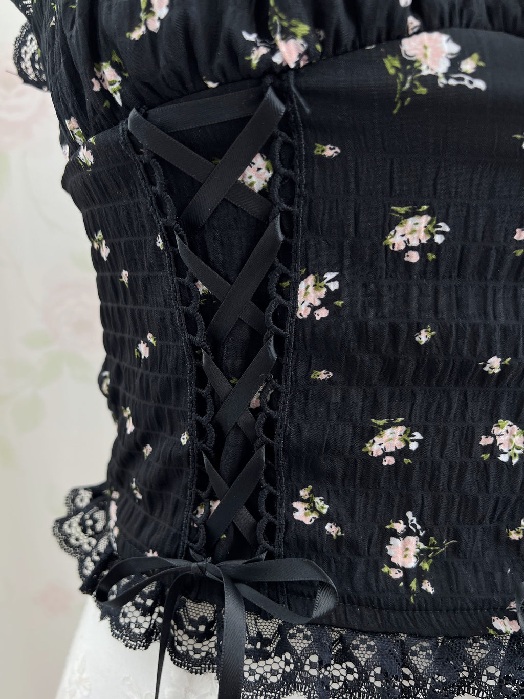 Petite Floral Laced Up Camisole (Black)