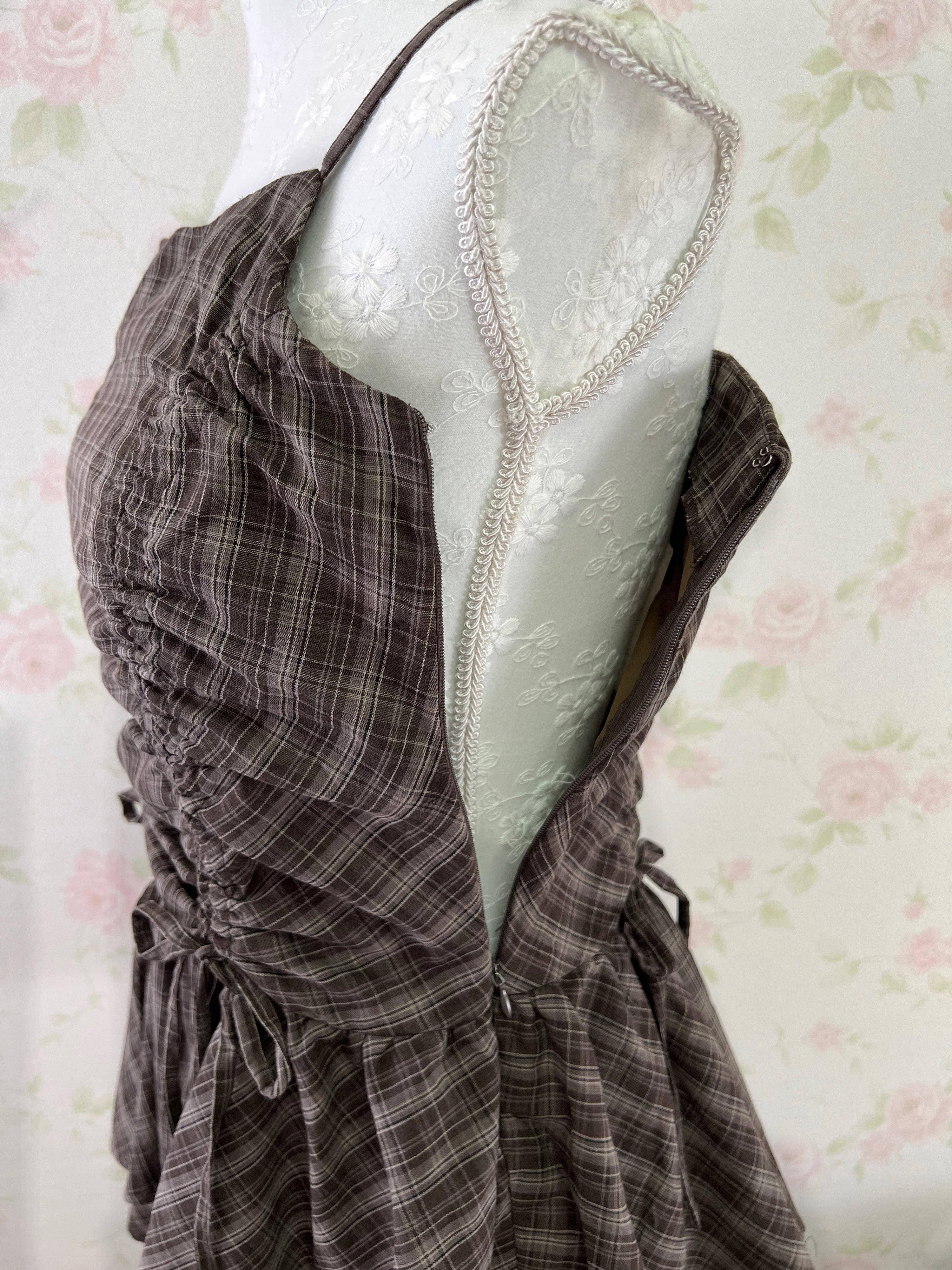 Side String Checked Camisole Dress (Brown)