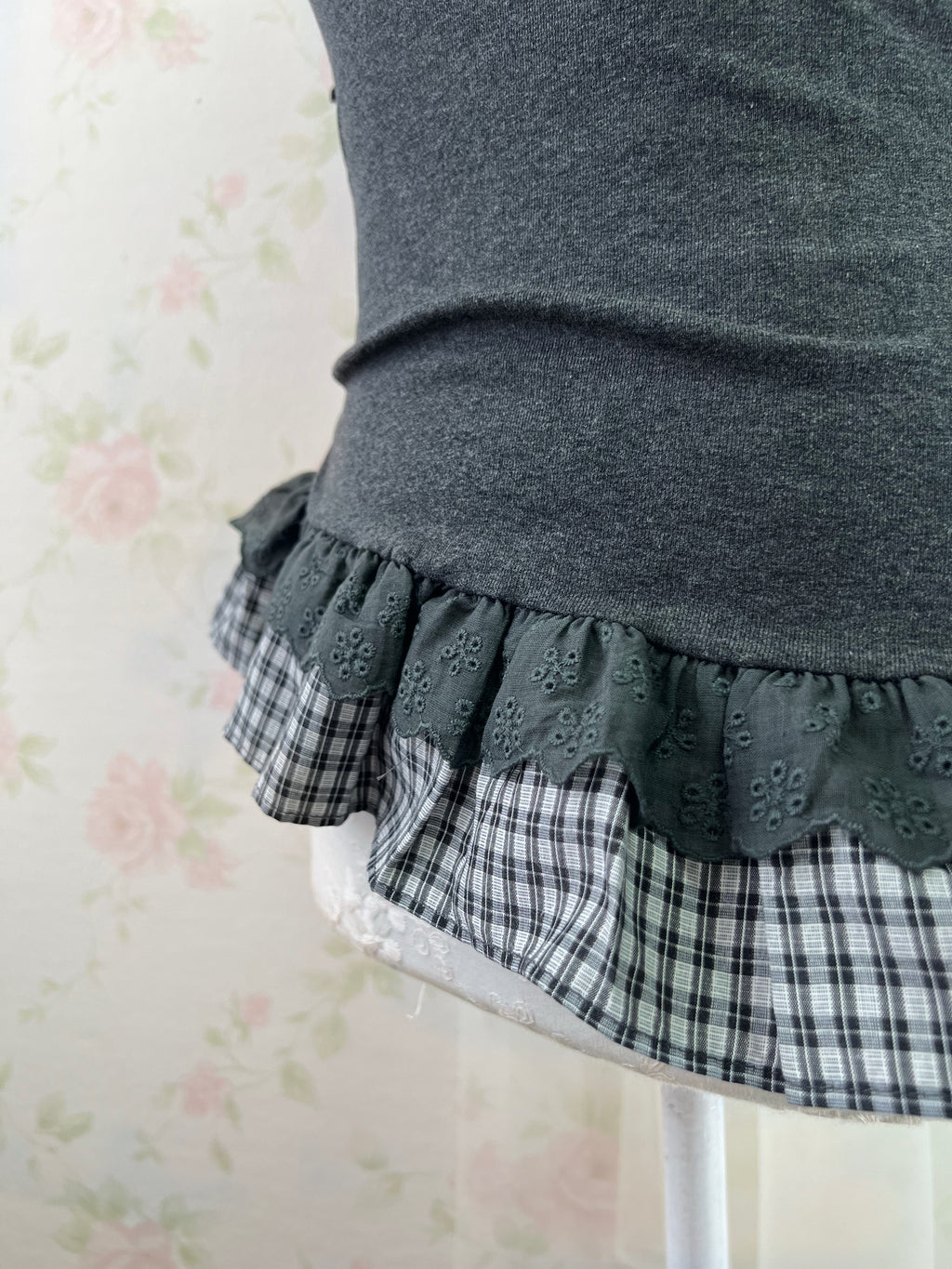 Checked Ruffled Hem One Shoulder T-shirt