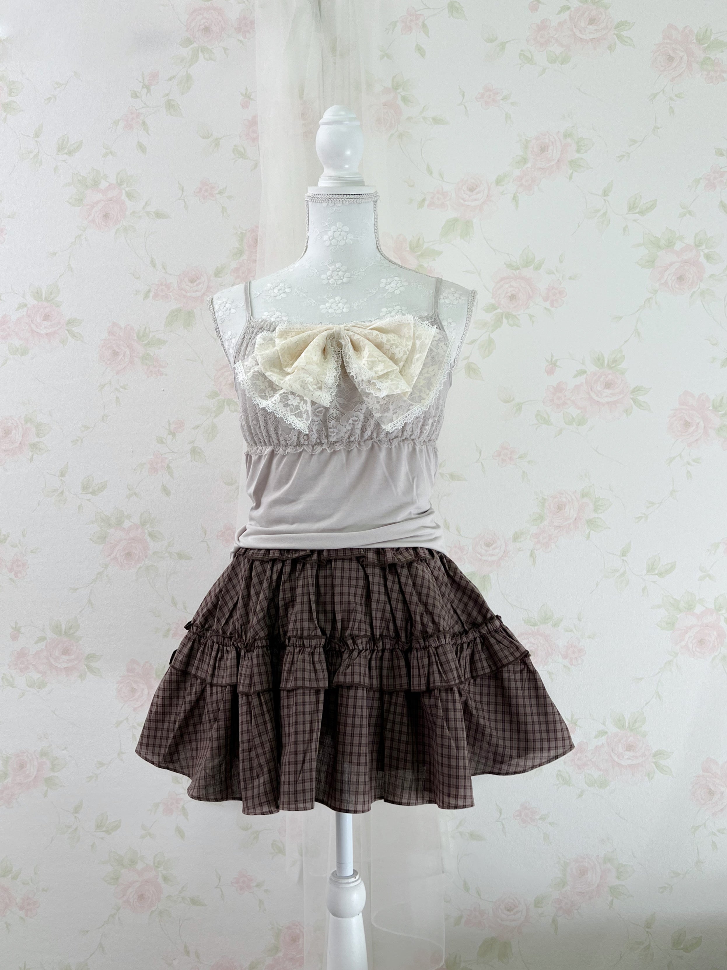 Ruffled Hem Shoujo Checked Tiered Skirt (Chocolate)