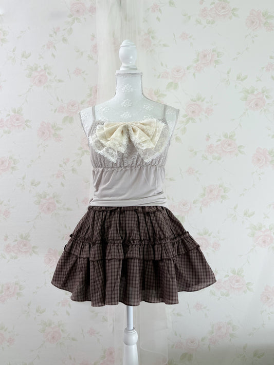 GRL Ruffled Hem Shoujo Checked Tiered Skirt (Chocolate)