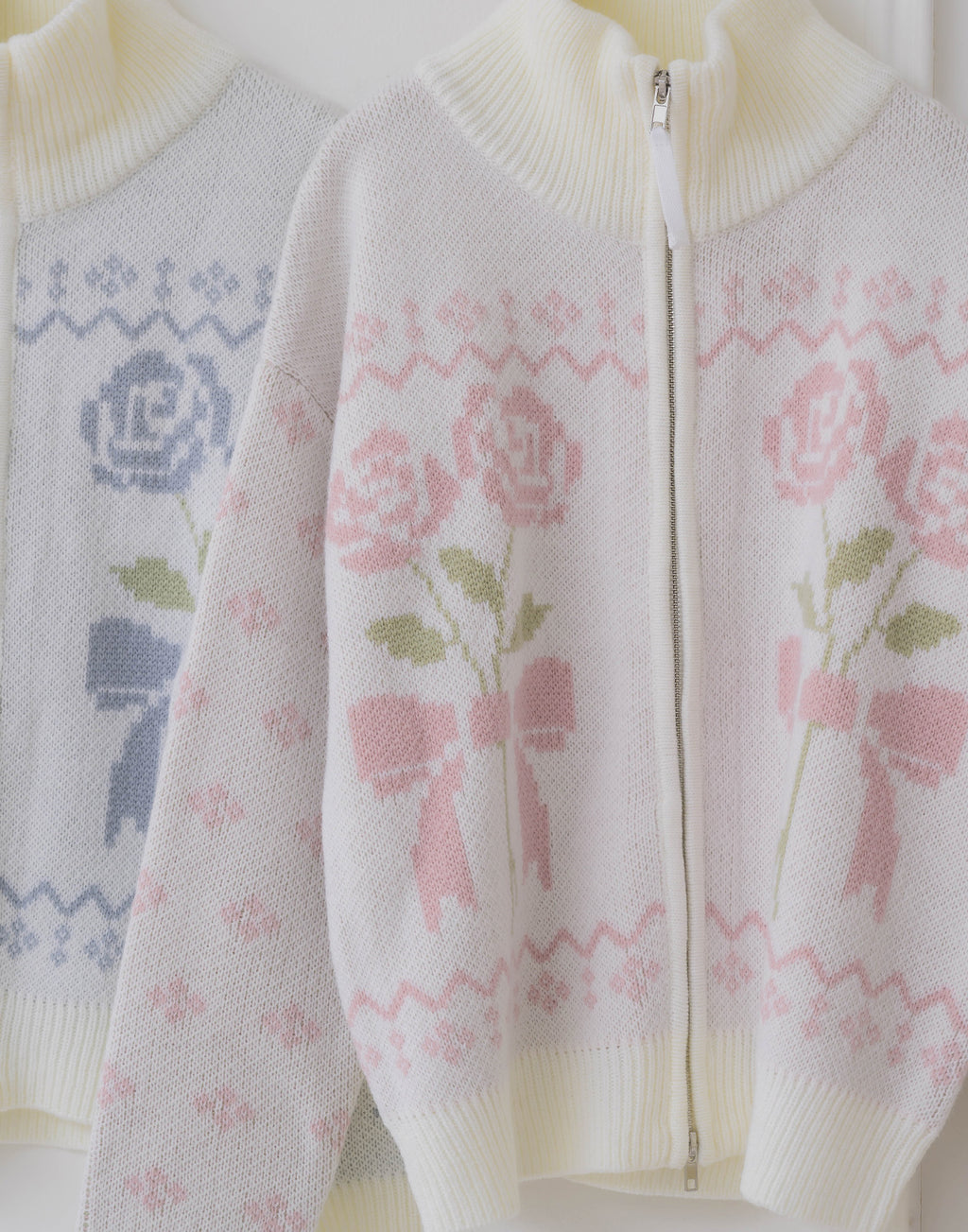 Lolime ribbon & floral cowichan knit zip up