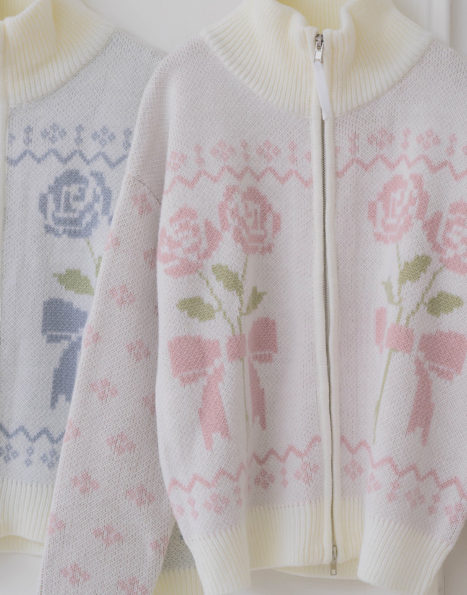 Lolime ribbon & floral cowichan knit zip up