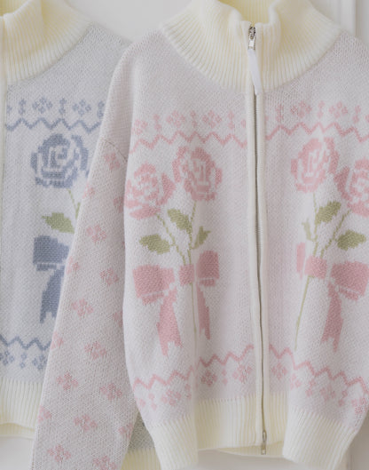 Lolime ribbon & floral cowichan knit zip up
