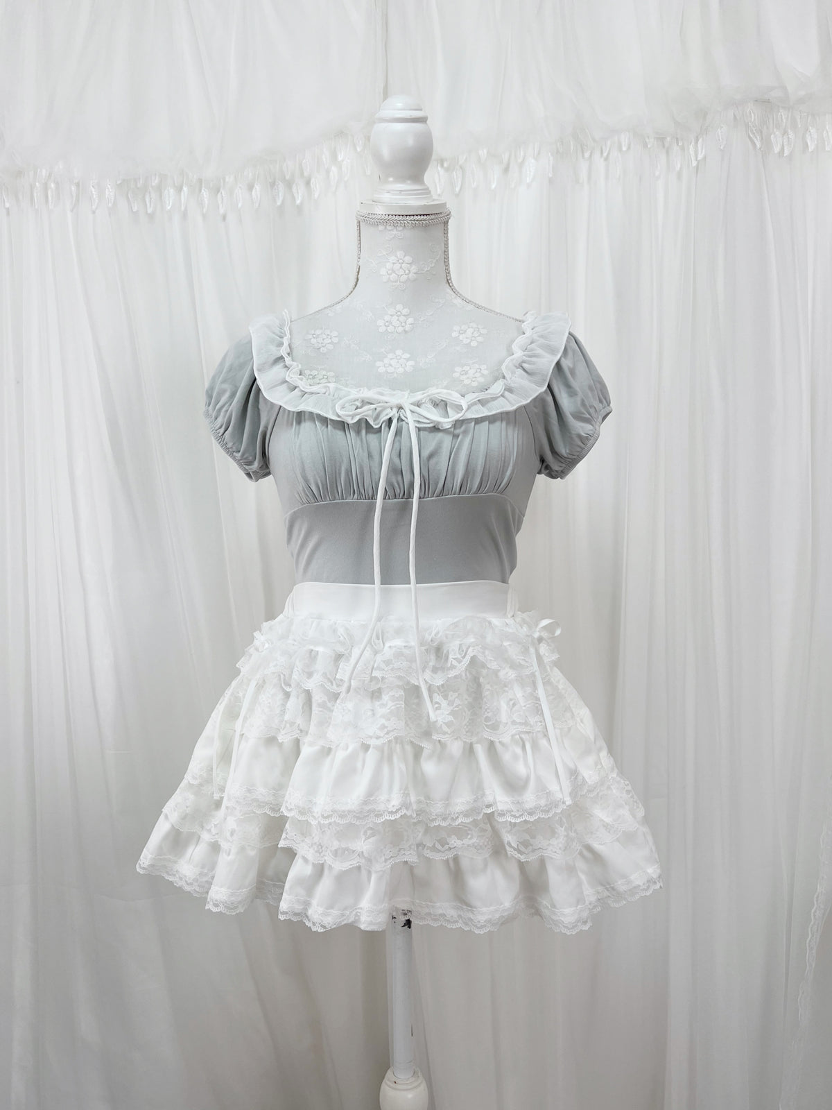 Chiffon Ruffled T-shirt (Blue gray)