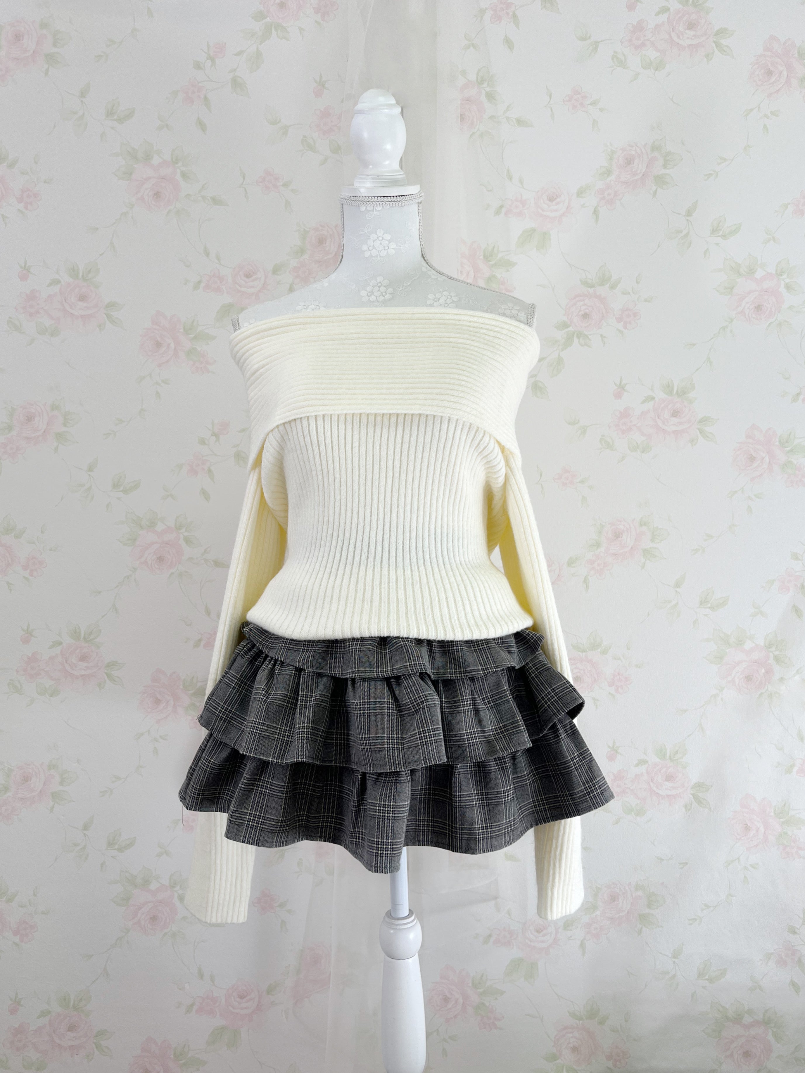 Sweet Tiered Checked Skirt (Gray)