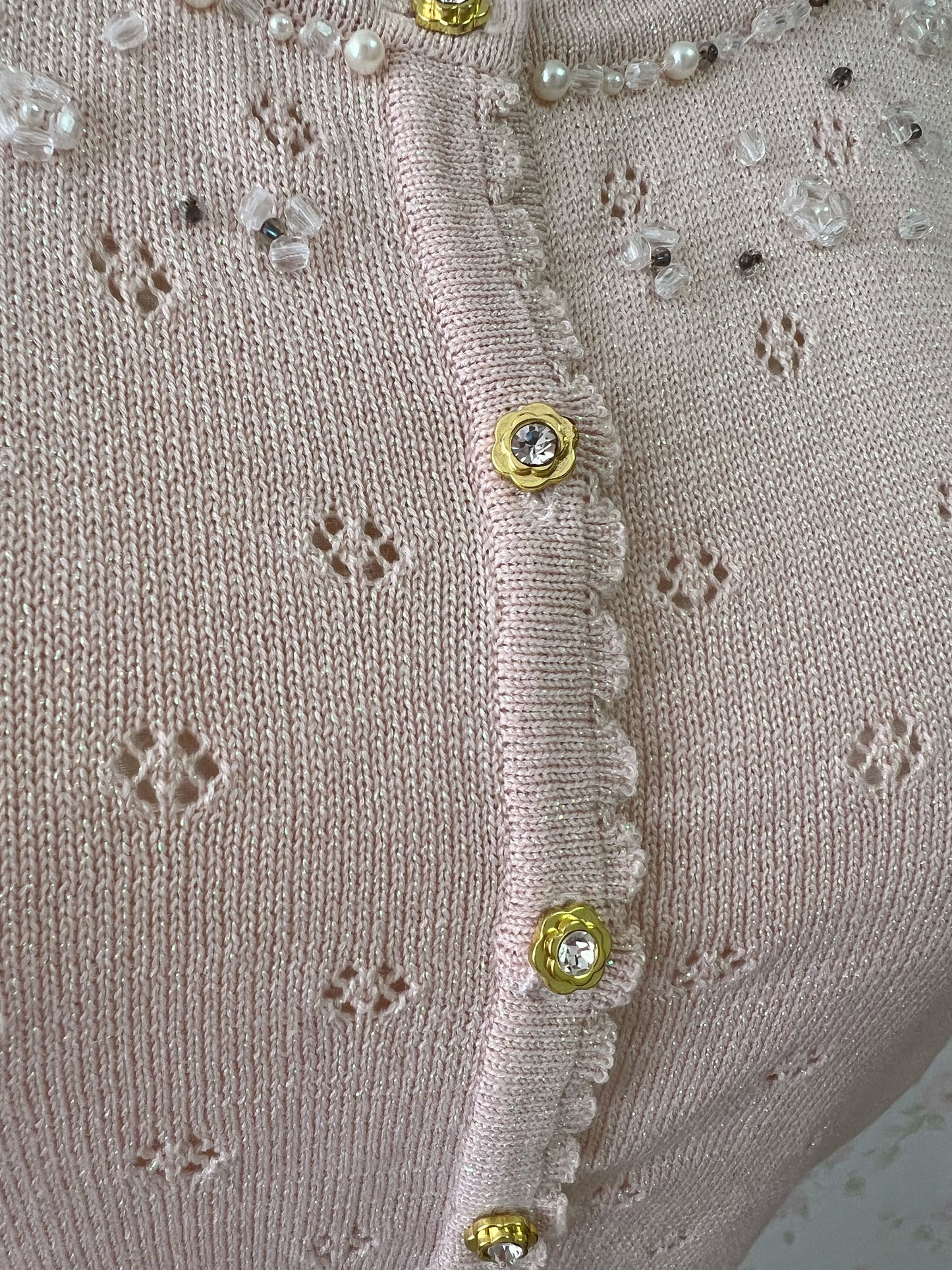 Prime Pattern Lame Shiny Fabric Beaded Cardigan (Pink Beige)
