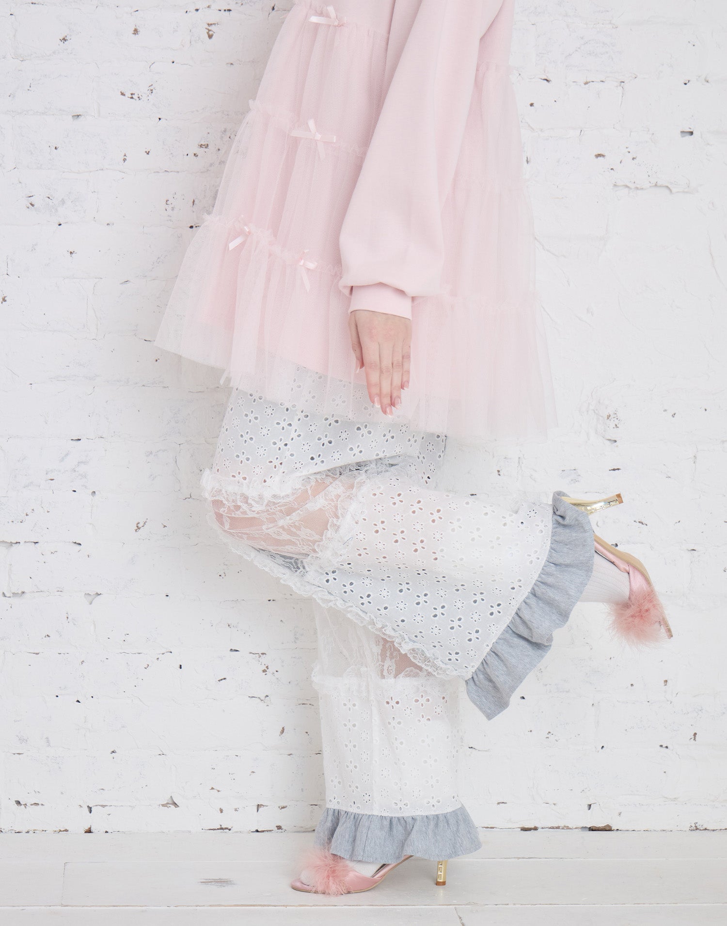 Lolime patchwork lace frill pants