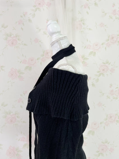 Off Shoulder With Scarf Knit Top (Black)